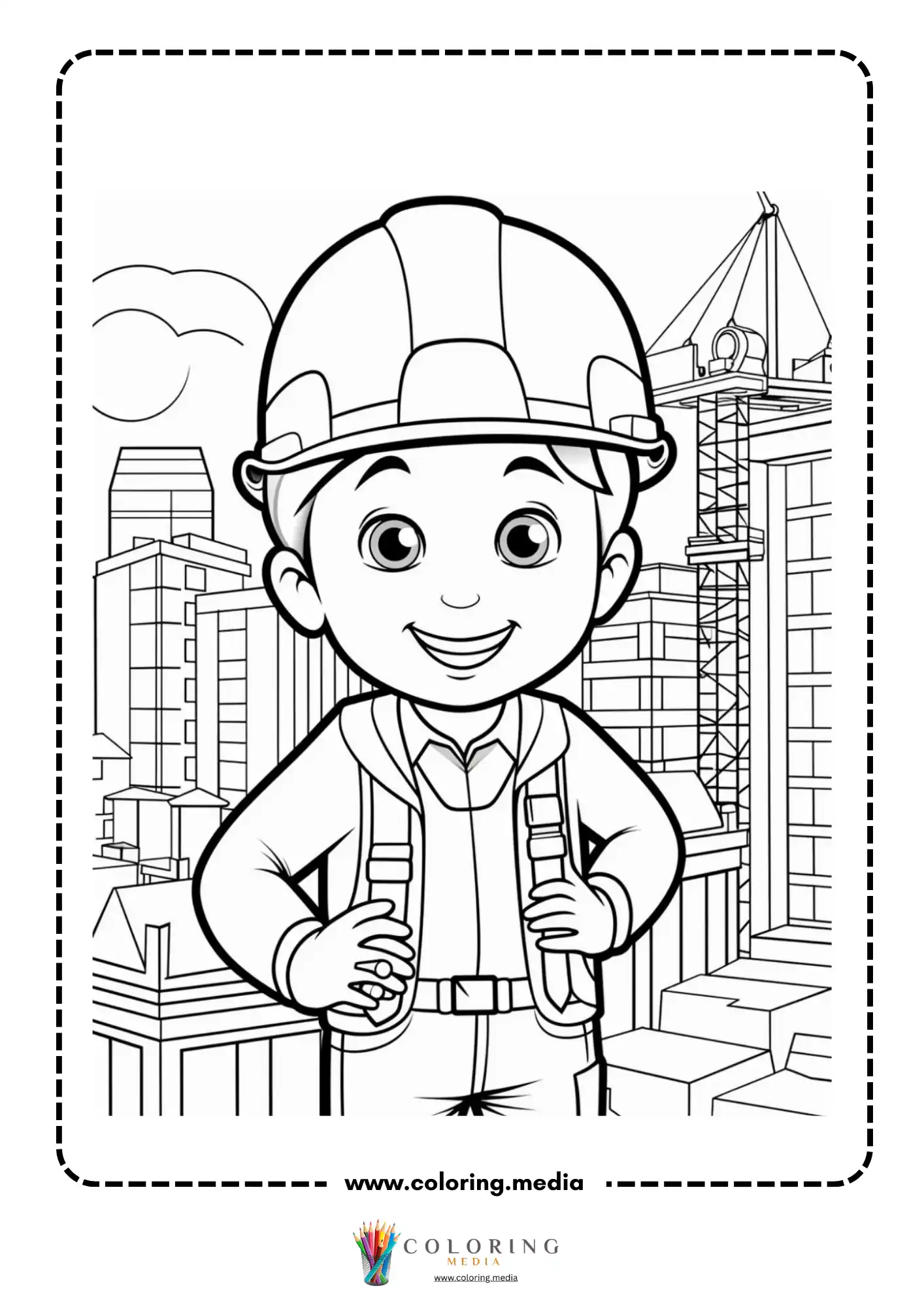 Construction coloring page with safety helmet and tool belt