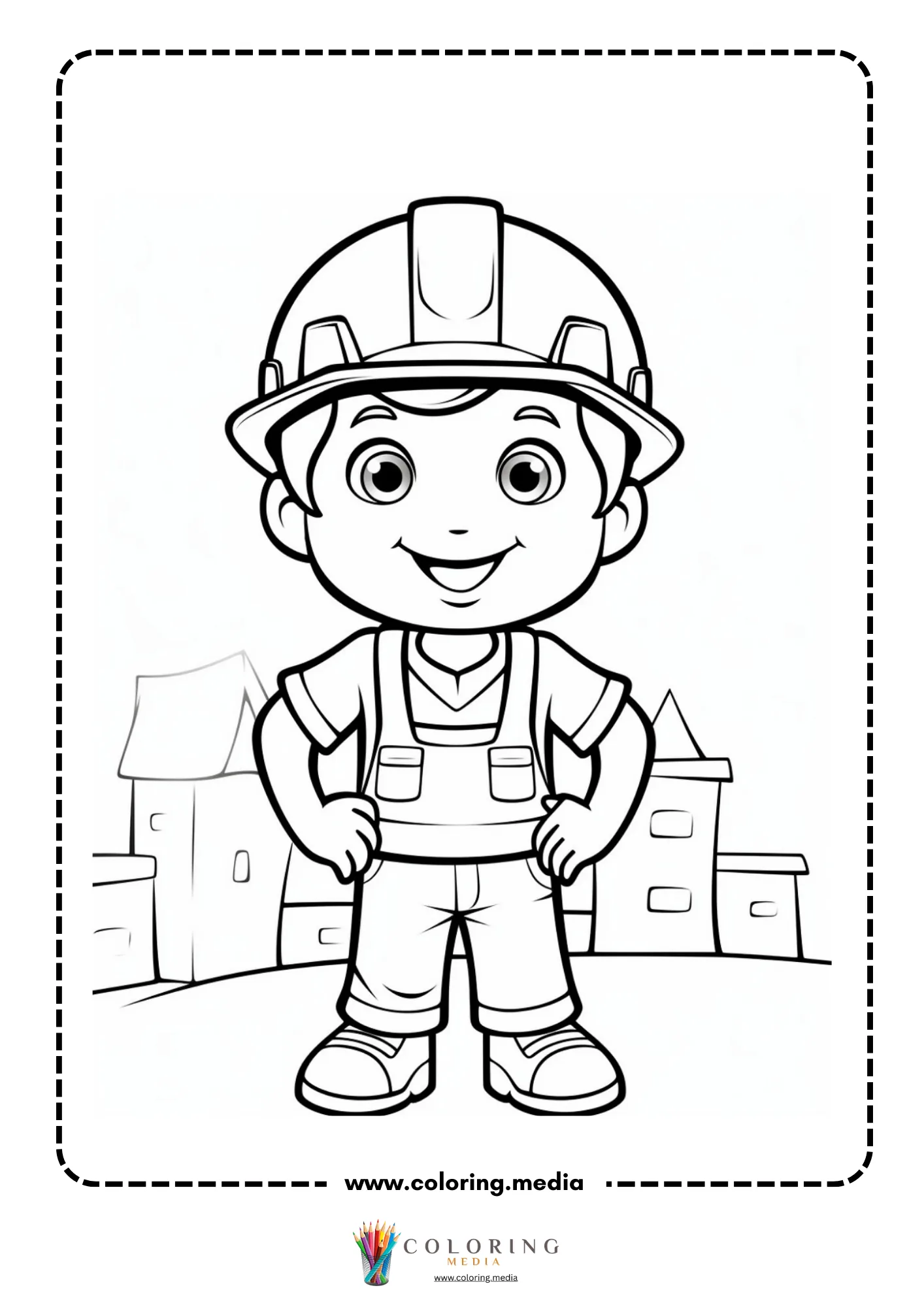 Construction coloring page with digger and construction ground