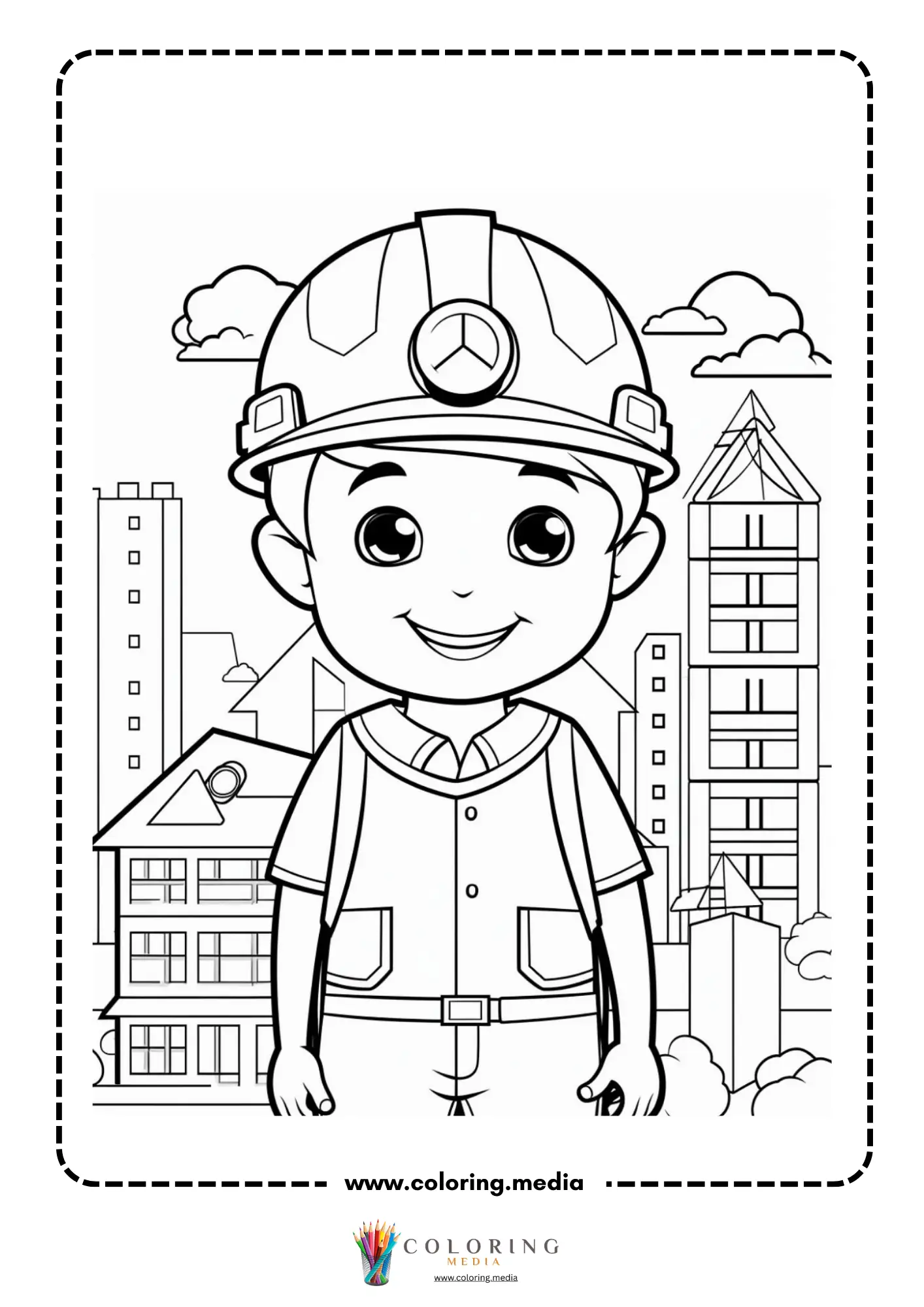 Construction coloring page with building site and support beams