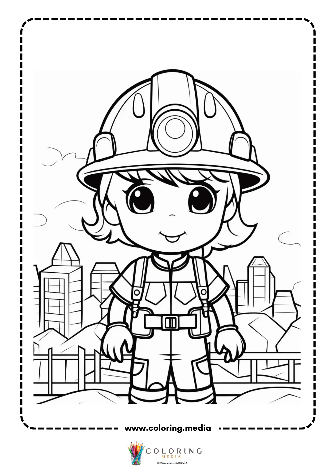 Construction coloring page with hard hat worker and tools