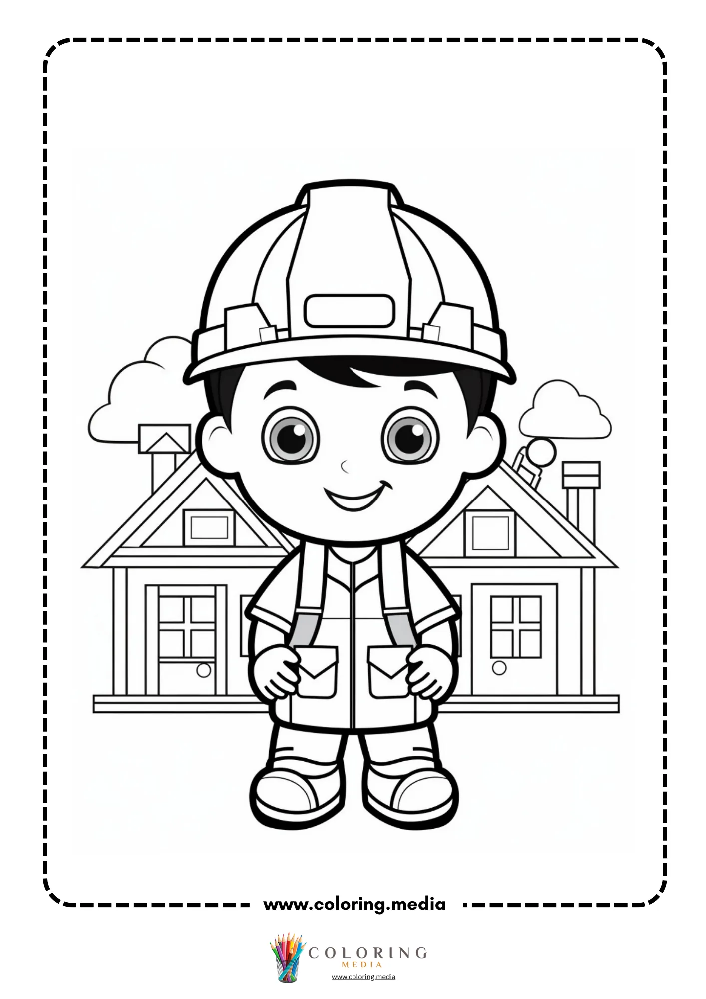 Construction coloring page with builder standing near scaffolding