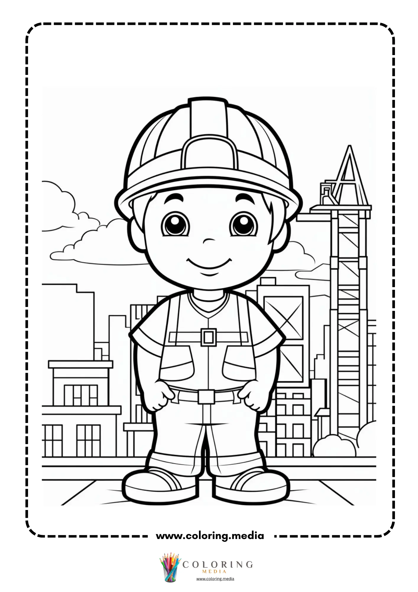 Construction coloring page with construction tools and materials