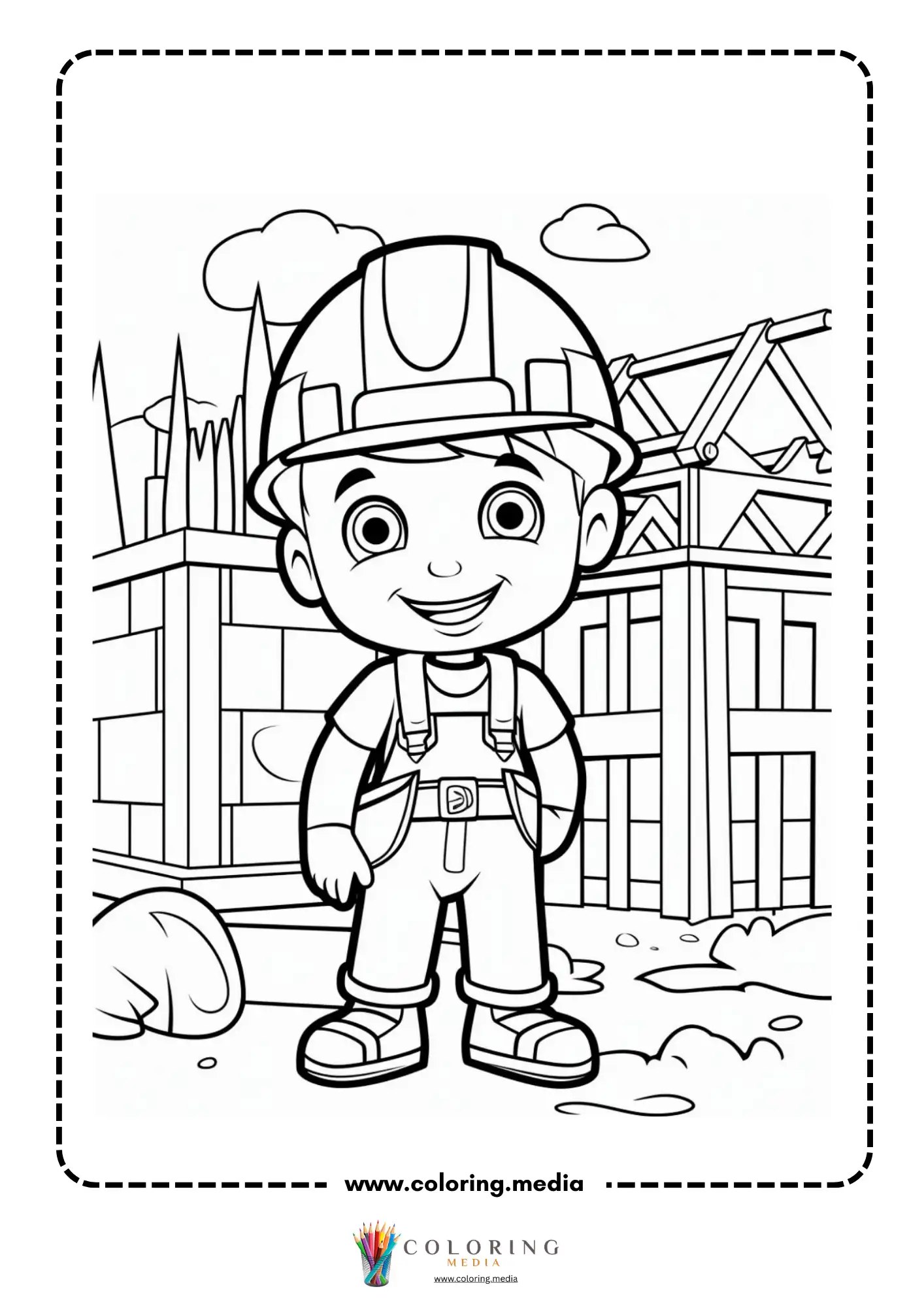 Construction coloring page with worker and city construction background