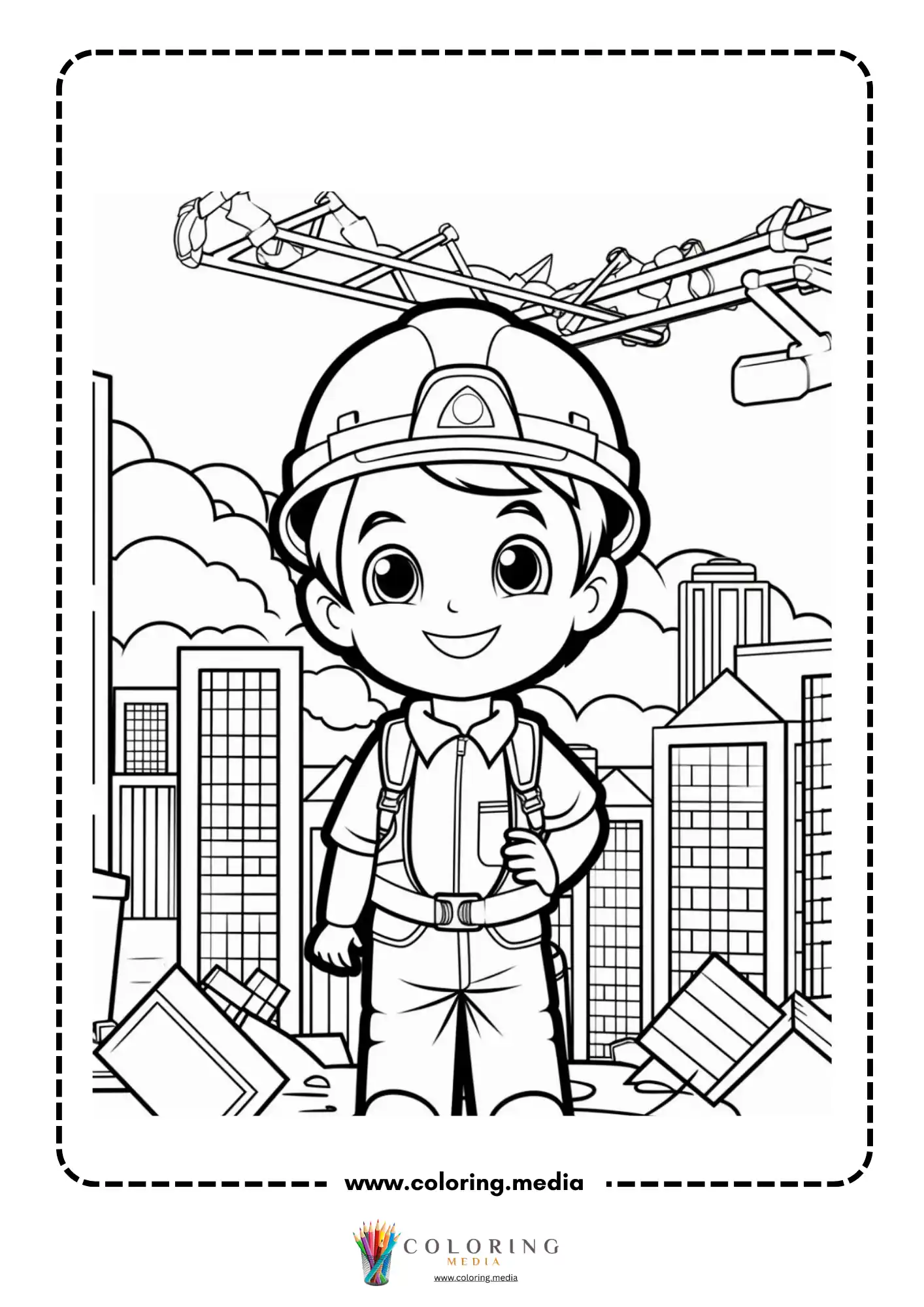 Construction coloring page with construction site equipment
