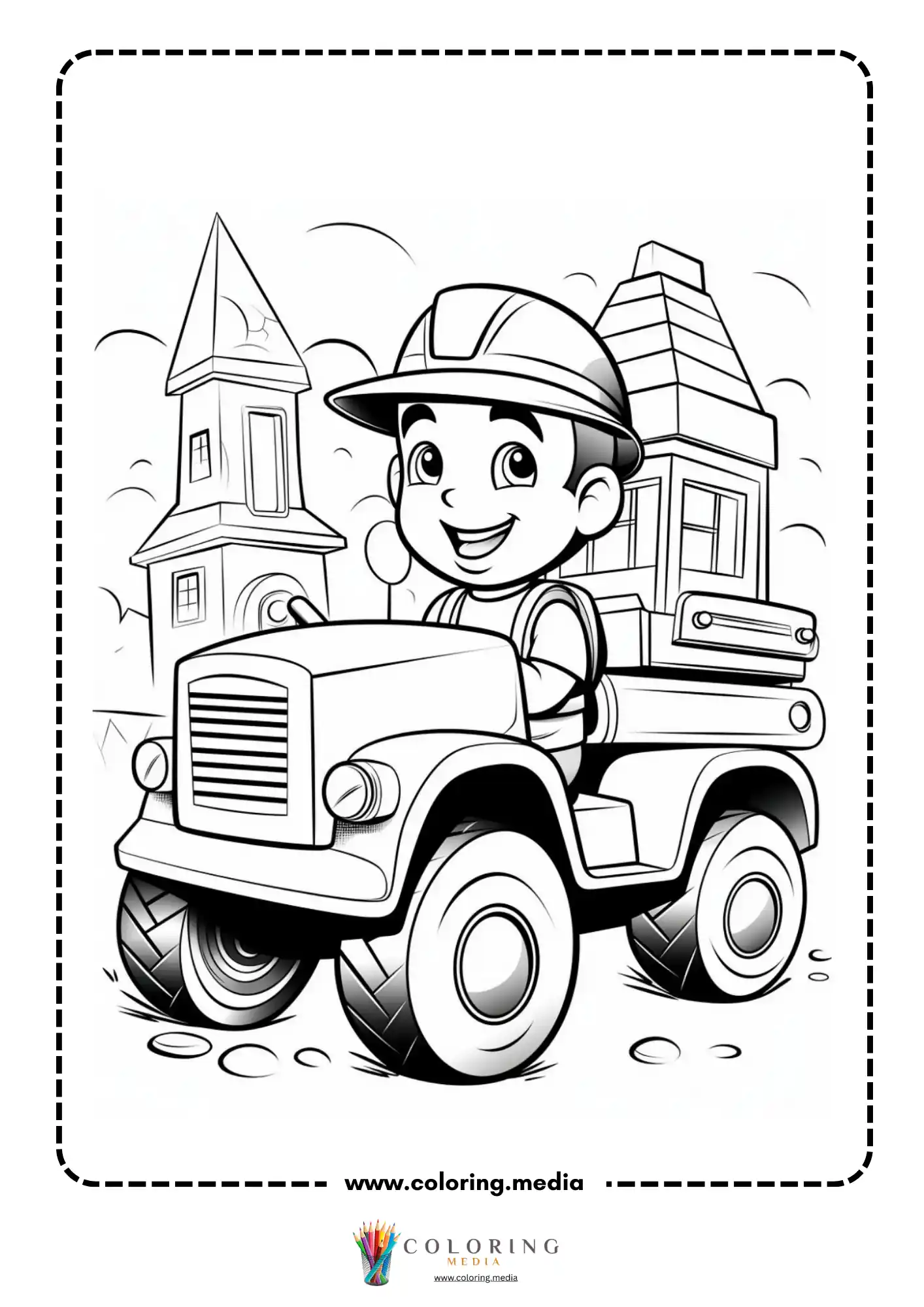 Construction coloring page with dump truck at a work site