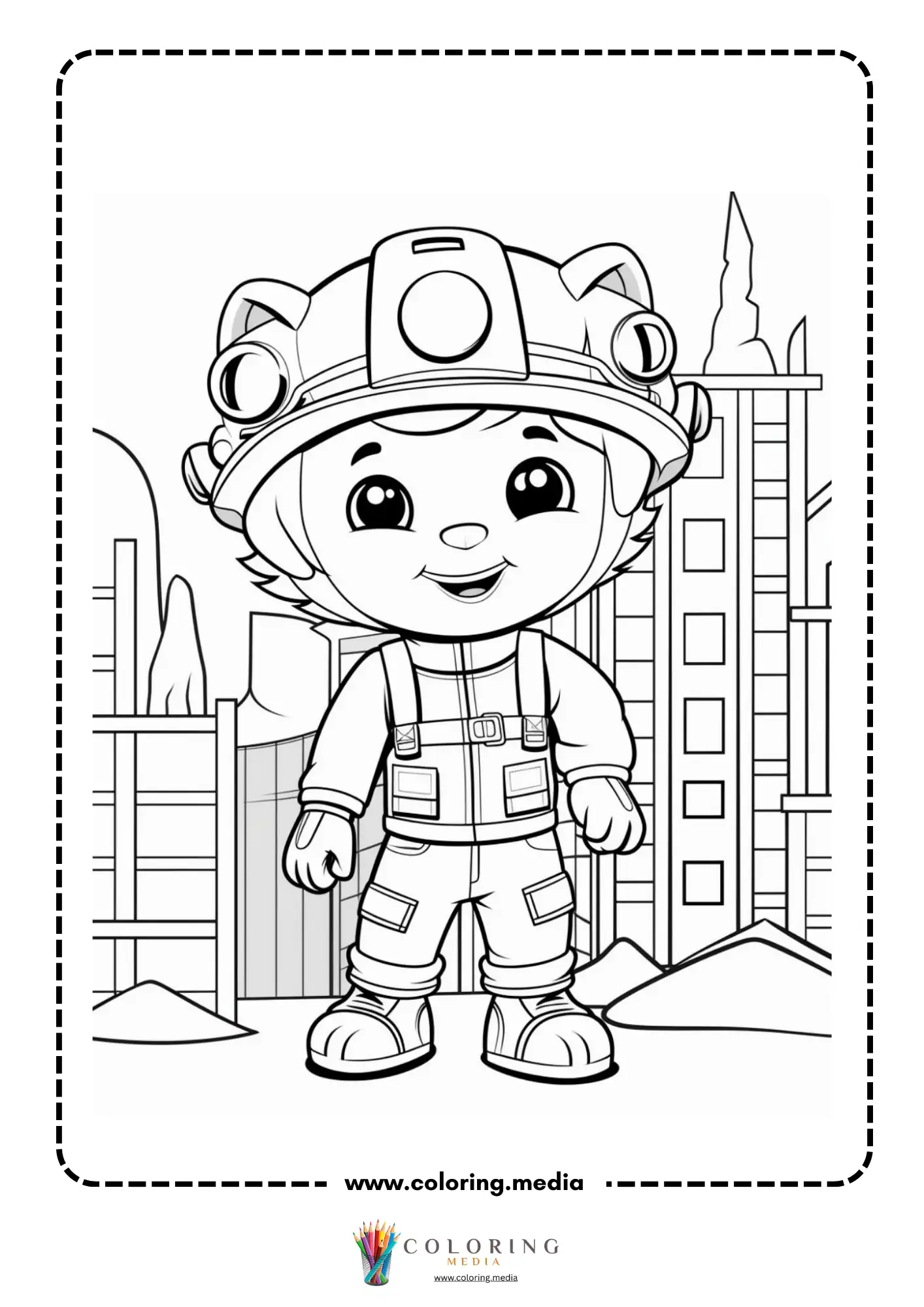 Construction coloring page with excavator and dirt pile