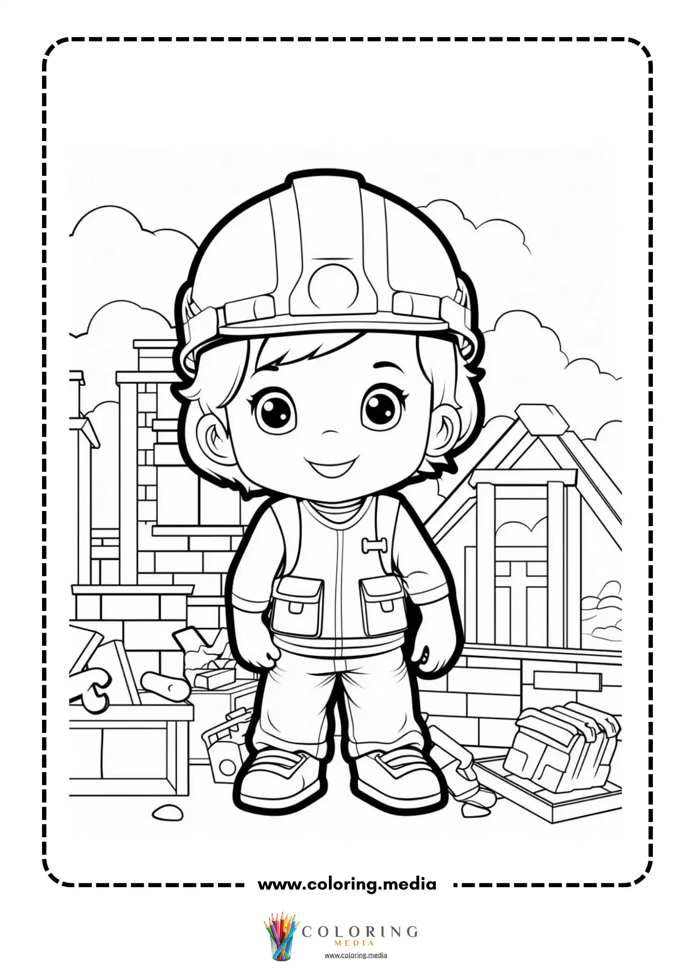 Construction coloring page with crane lifting materials