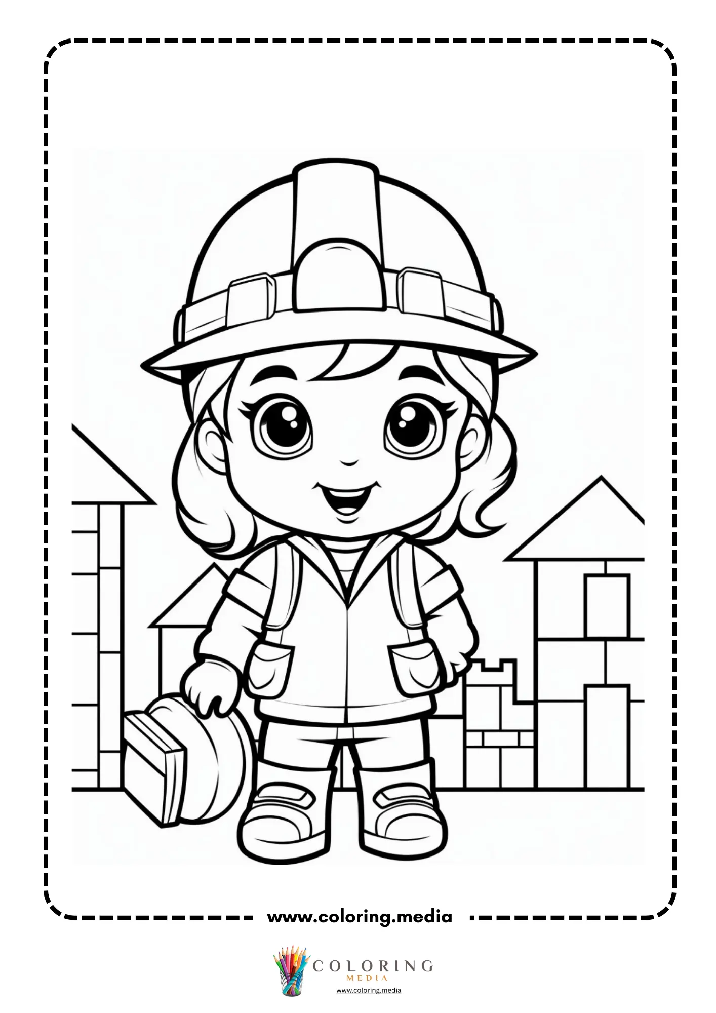 Construction coloring page with worker holding a building plan