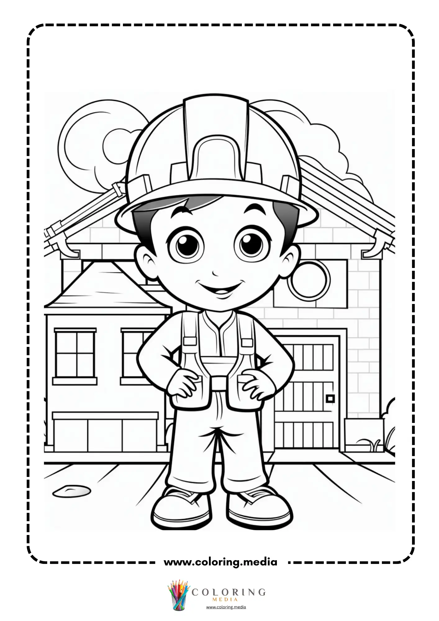 Construction coloring page with bulldozer and construction cones