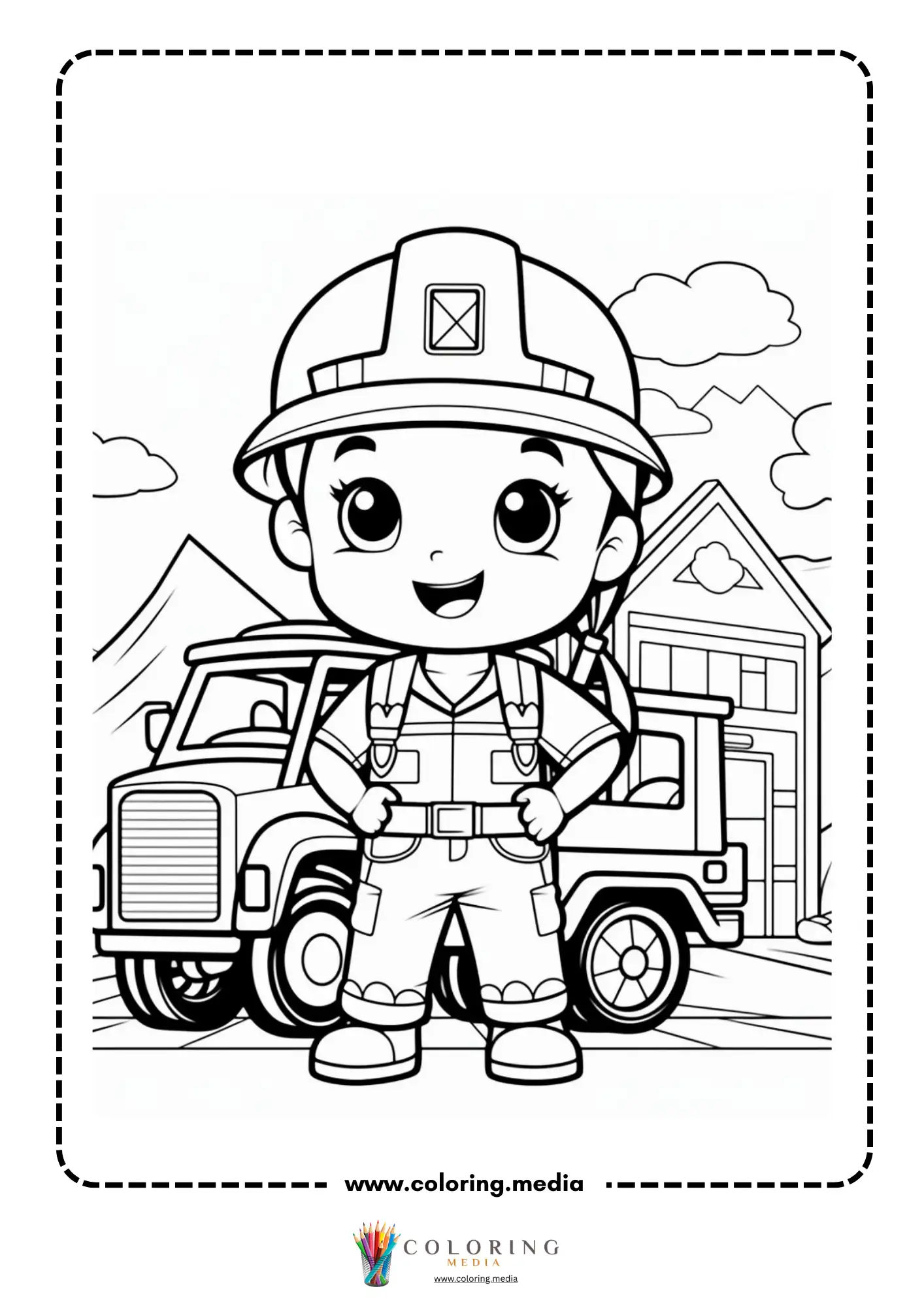 Construction coloring page with cement mixer truck