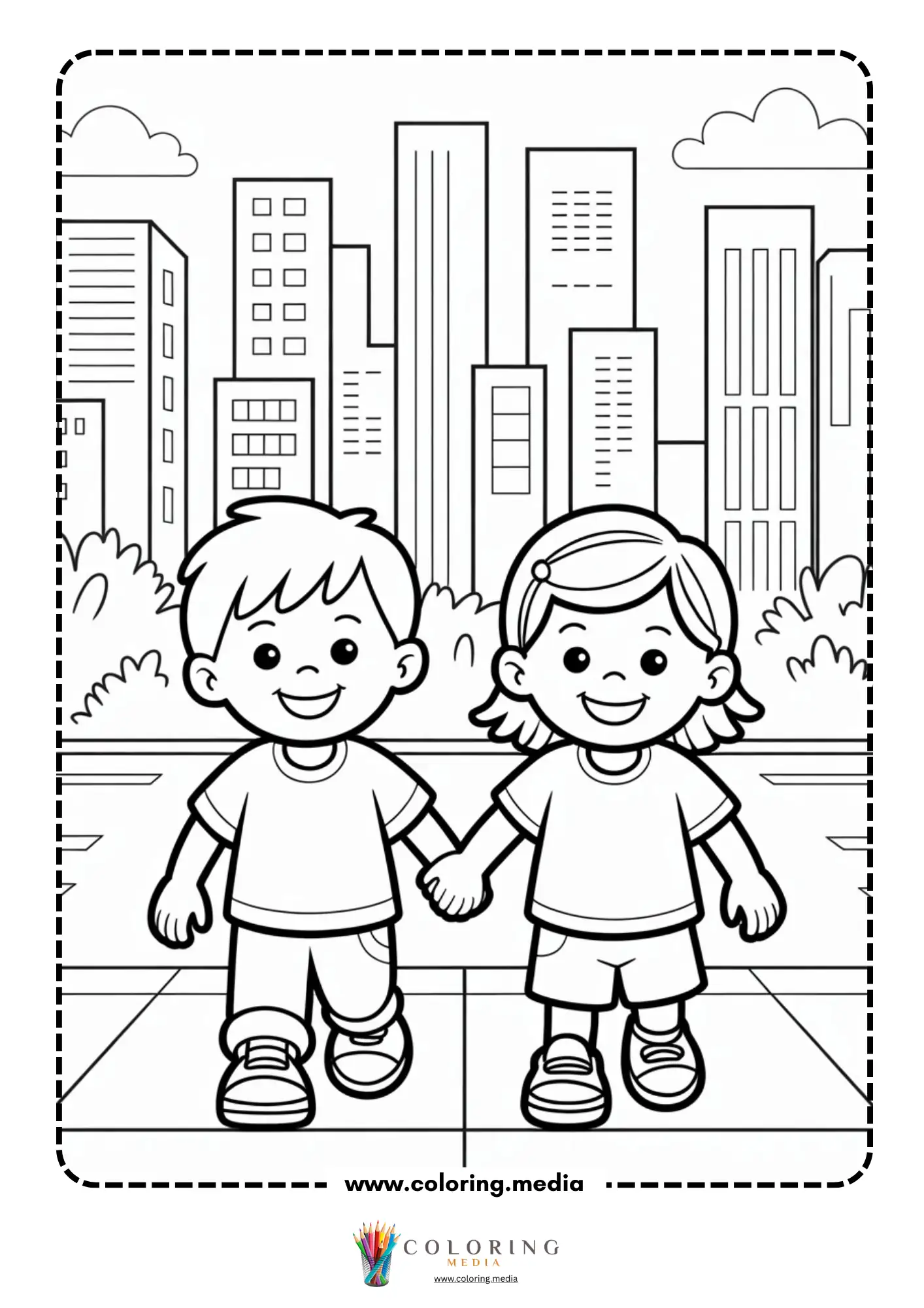 Skyscrapers coloring page with children walking in a city skyline