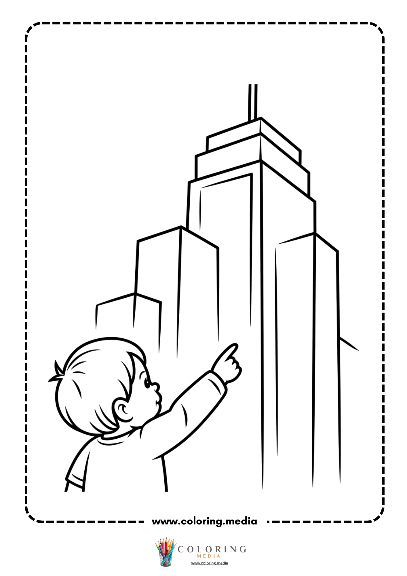 Skyscrapers coloring page with child pointing at a tall tower
