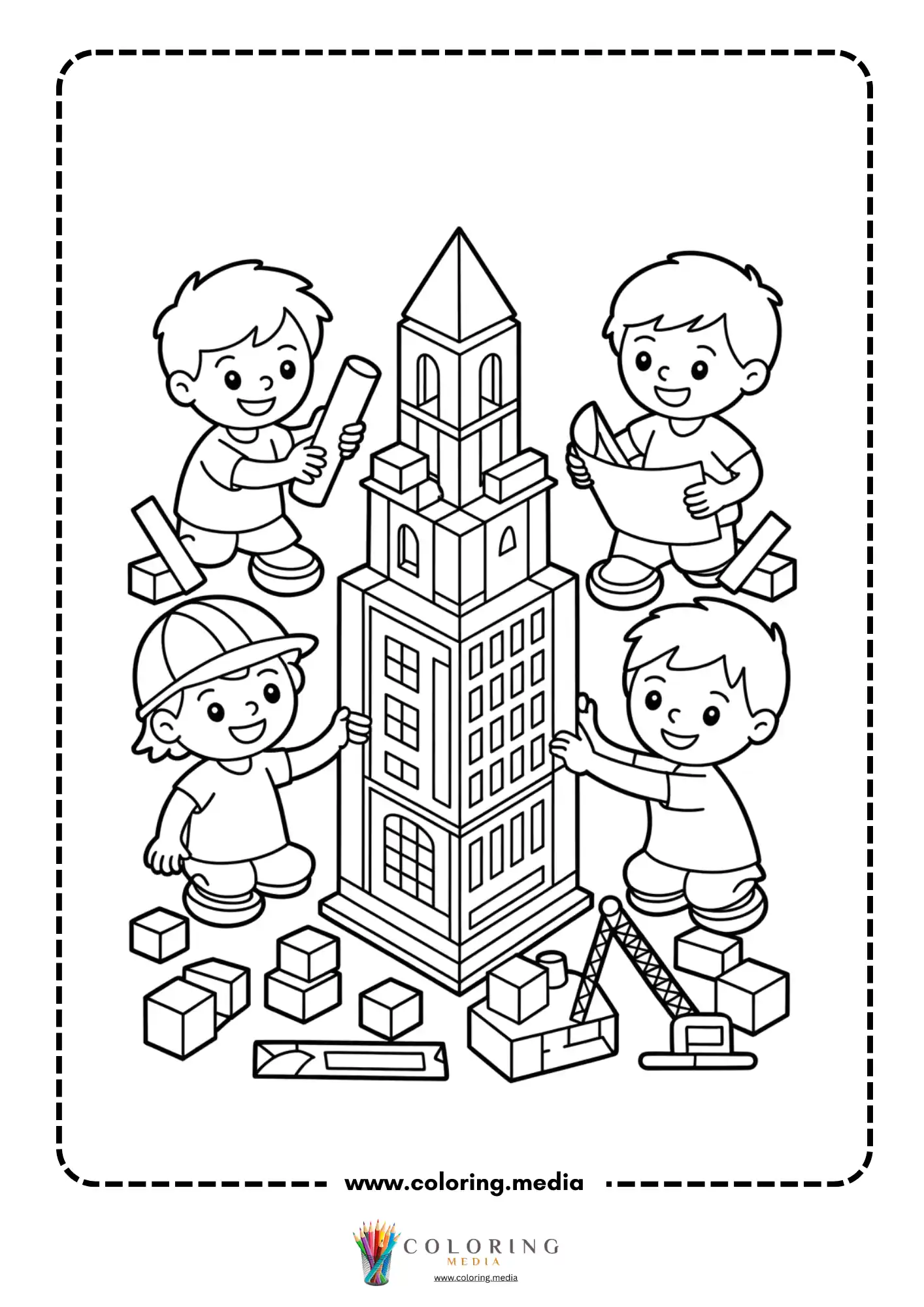 Skyscrapers coloring page with downtown buildings and street path