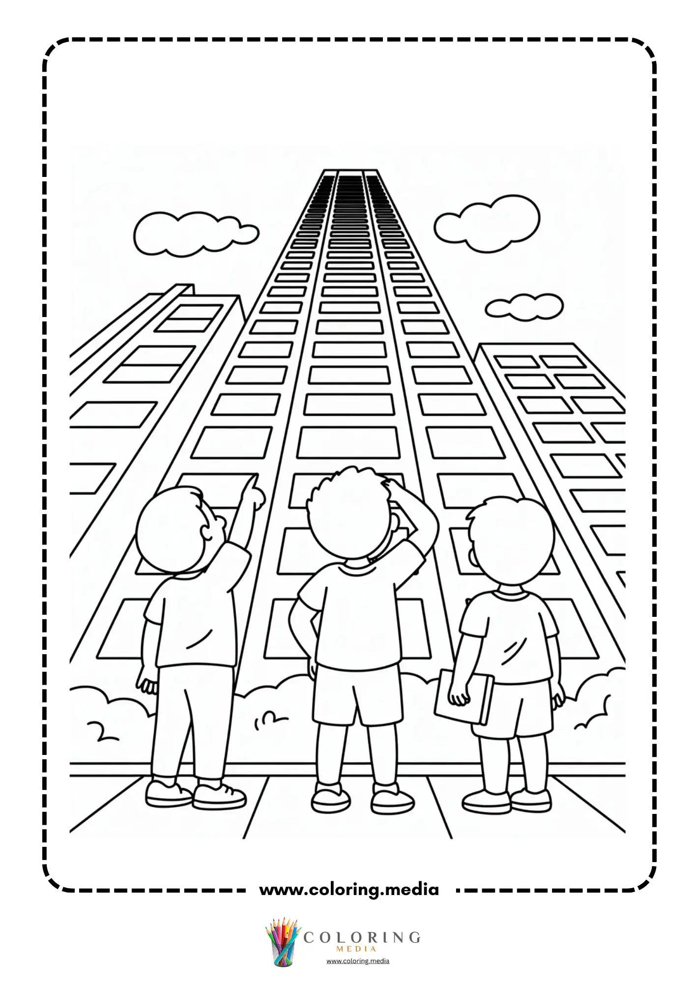 Skyscrapers coloring page with skyline behind a sidewalk