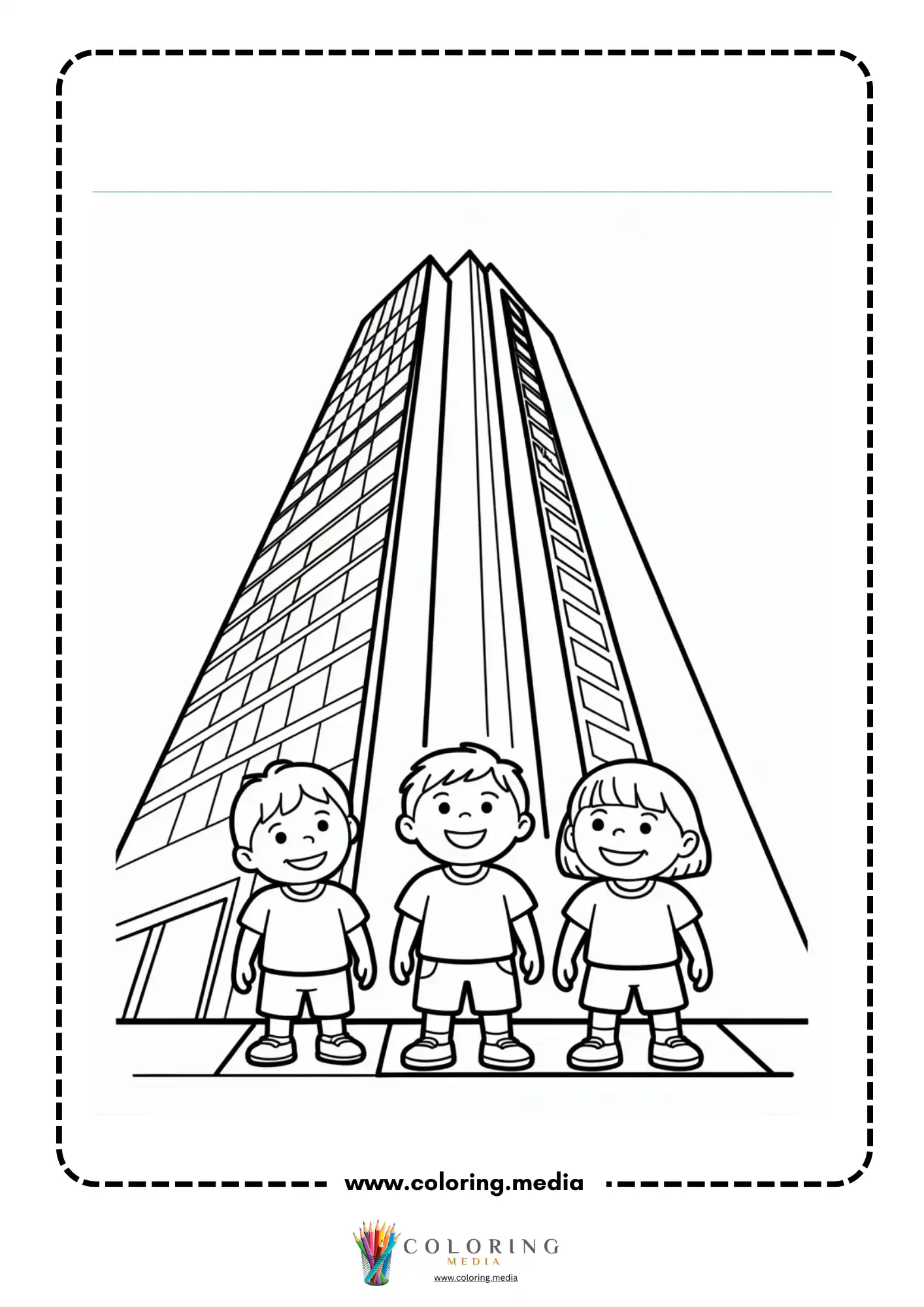 Skyscrapers coloring page with tall windows and rooftops