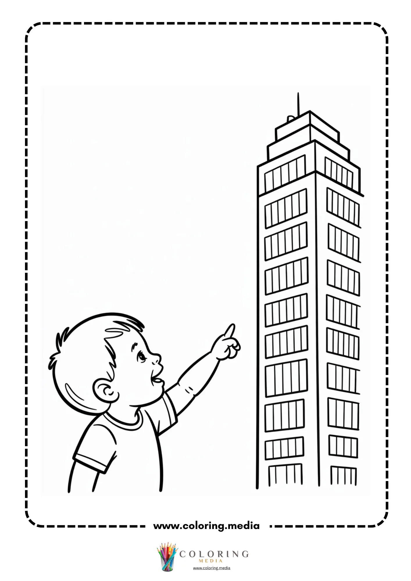 Skyscrapers coloring page with child exploring downtown