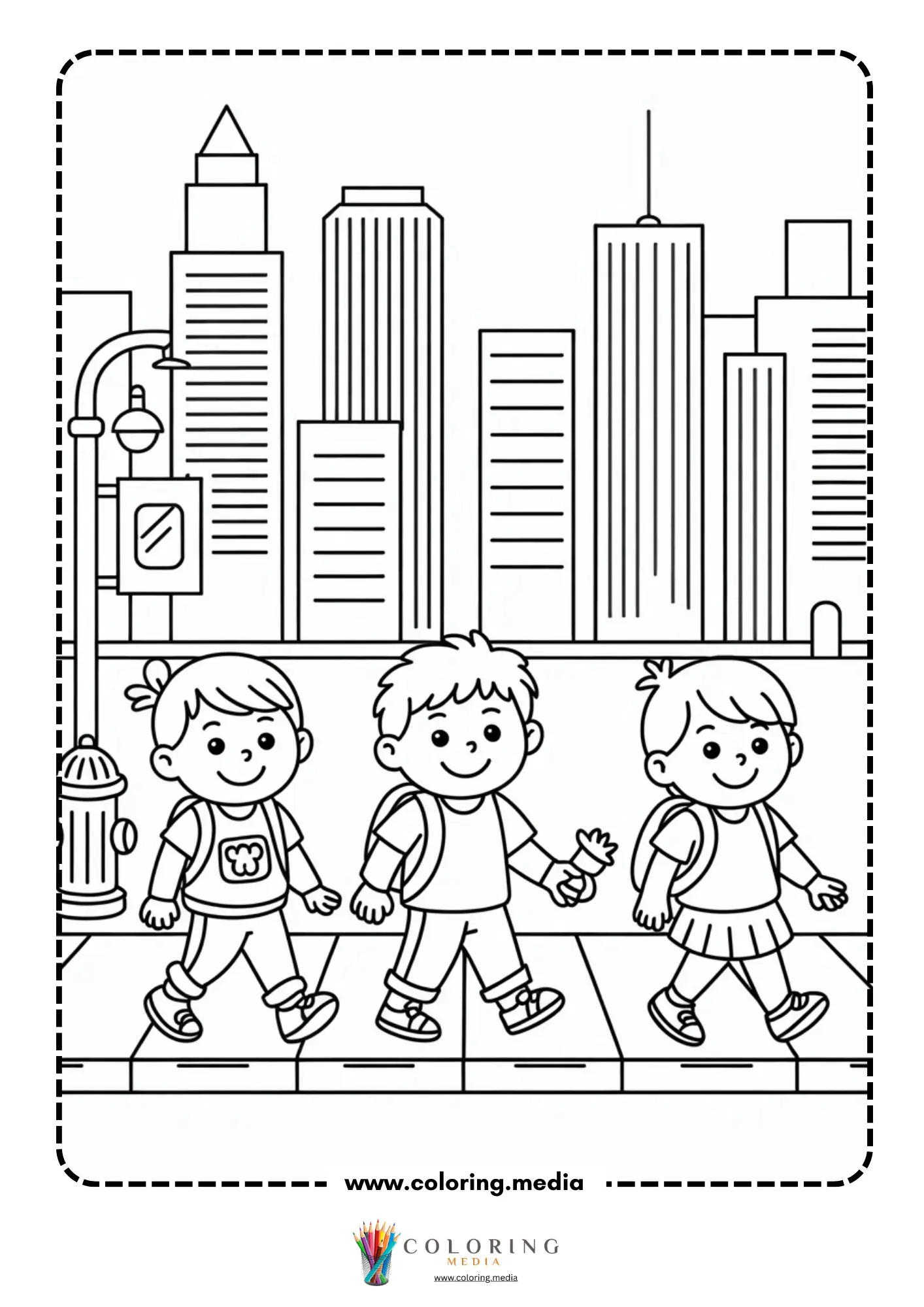 Skyscrapers coloring page with tall buildings and clouds