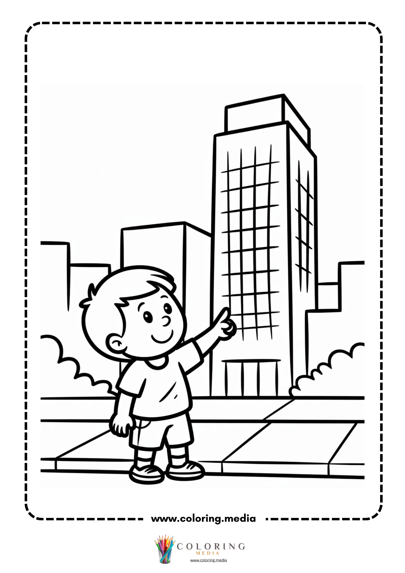 Skyscrapers coloring page with boy pointing at a high rise