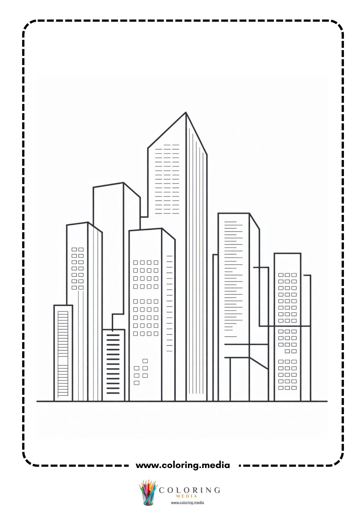 Skyscrapers coloring page with sidewalk beside tall buildings