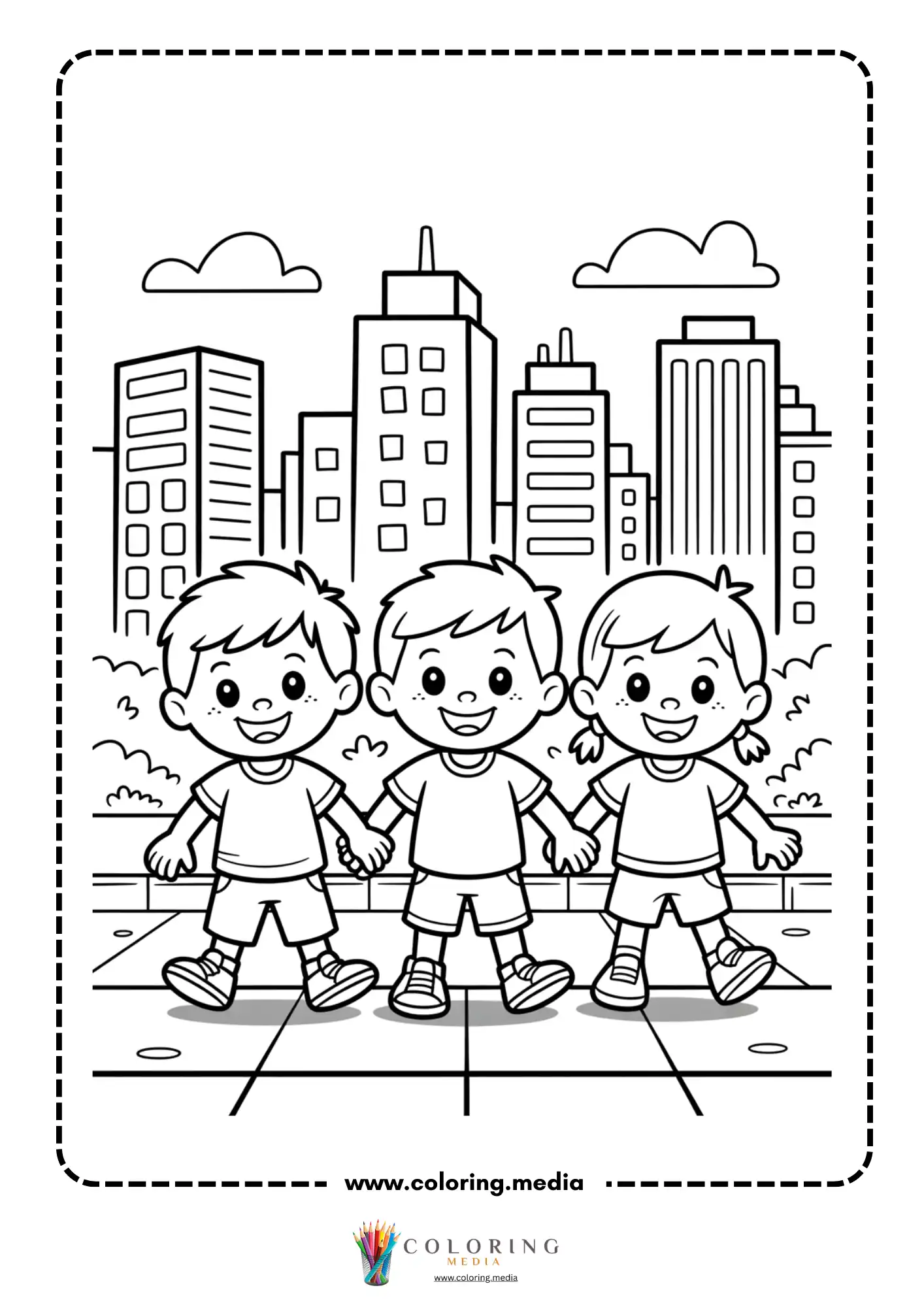 Skyscrapers coloring page with urban buildings and trees
