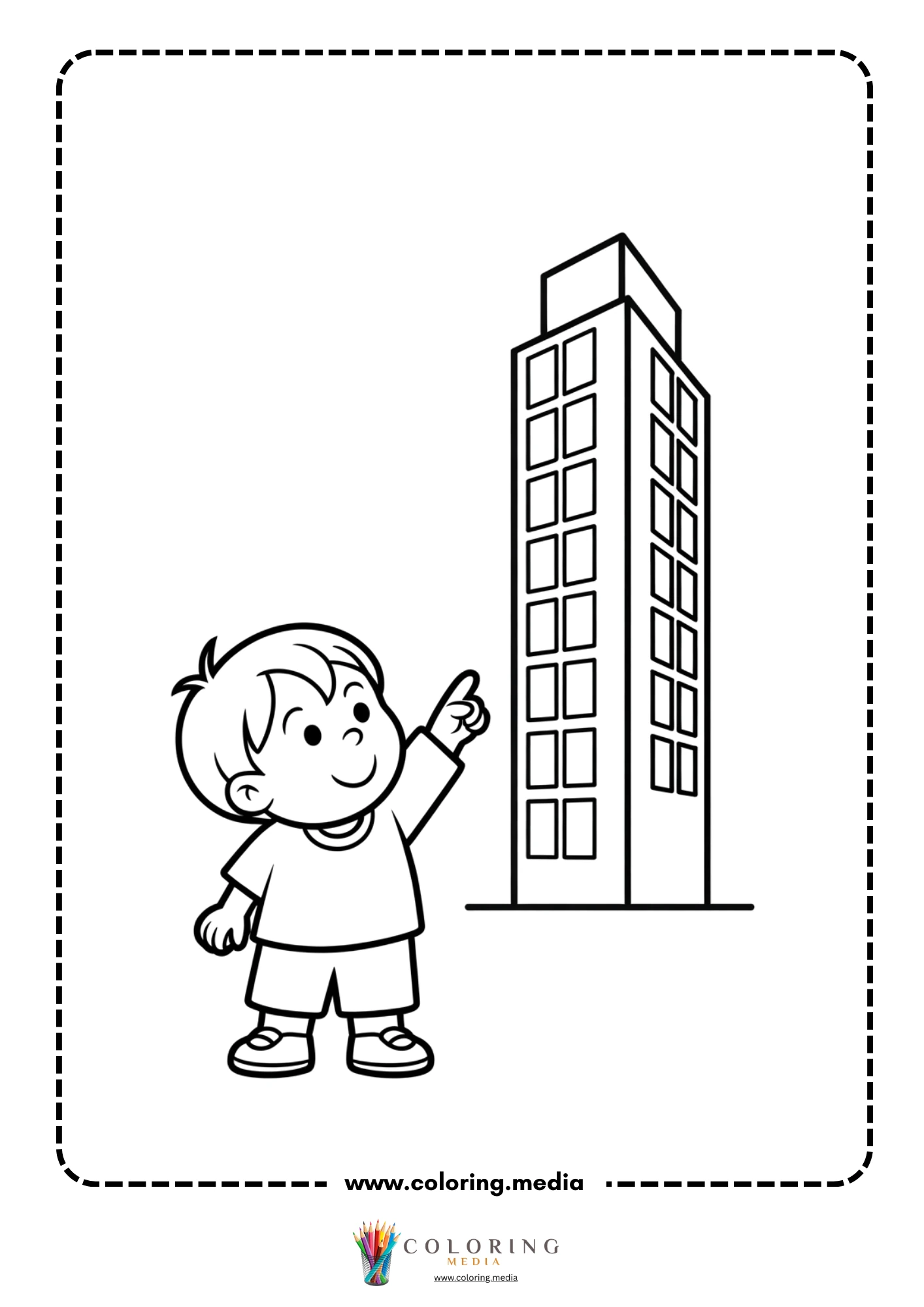 Skyscrapers coloring page with child looking at city buildings
