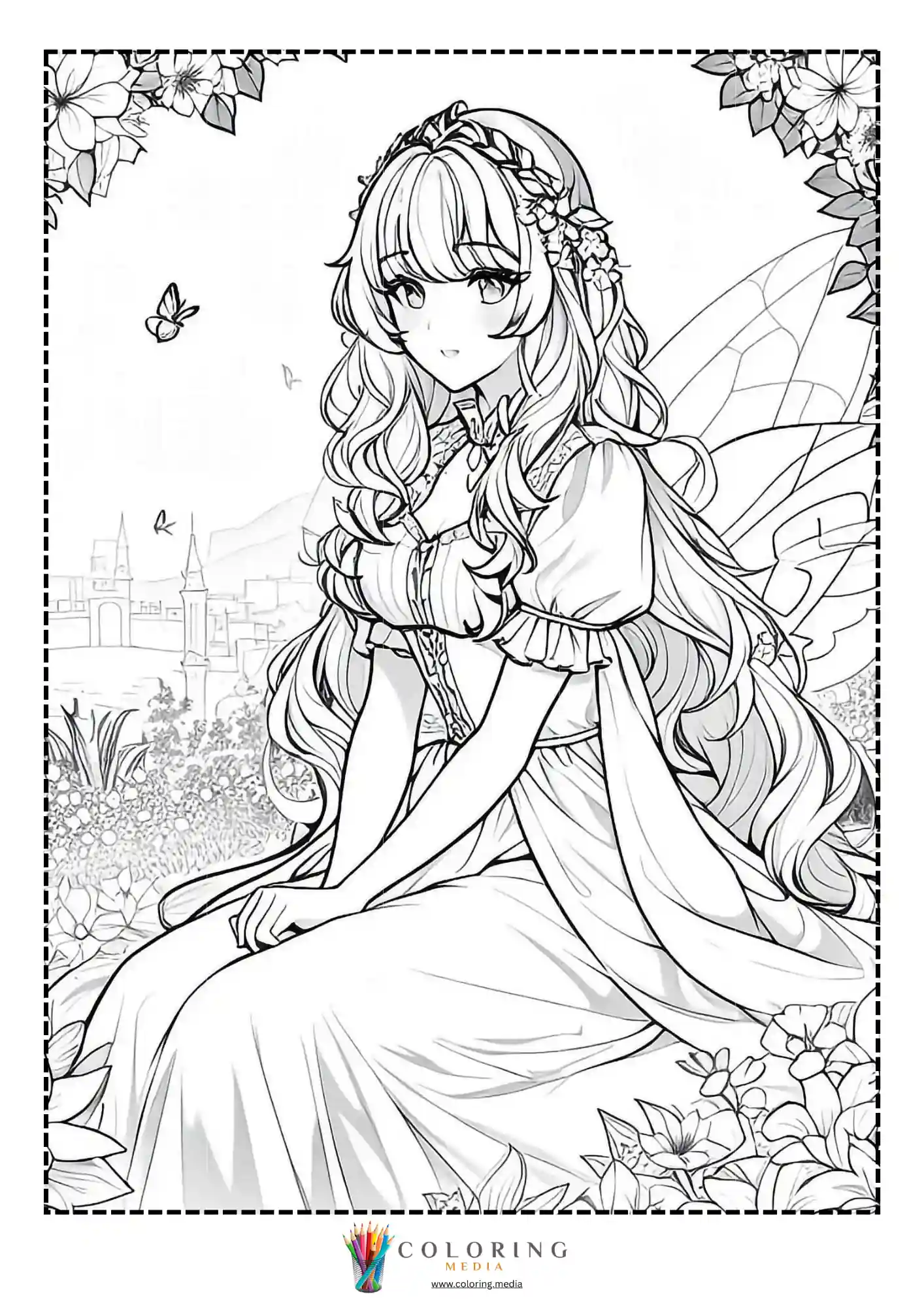 Seated fairy princess near distant castle