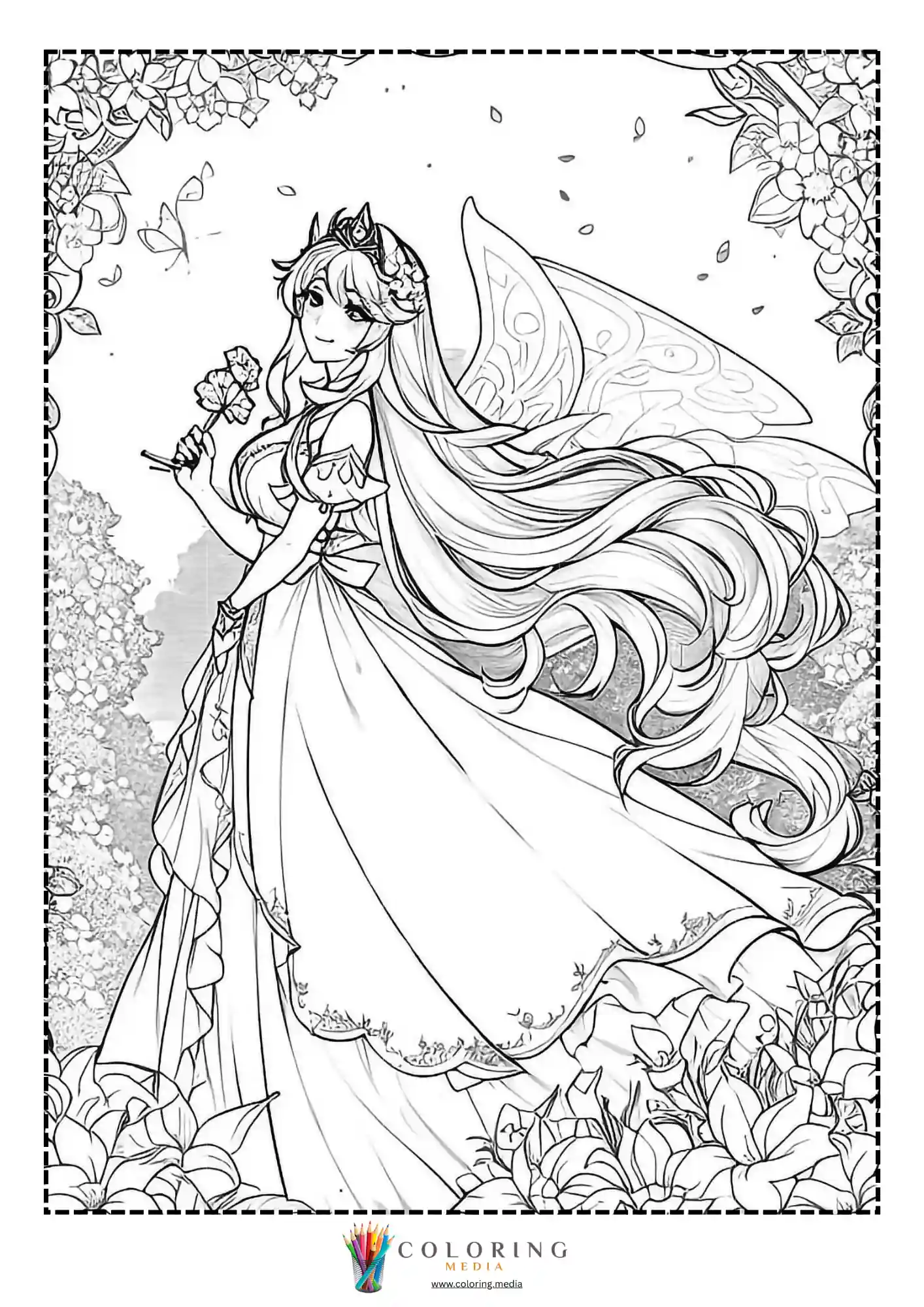 Fairy princess holding flower with flowing hair