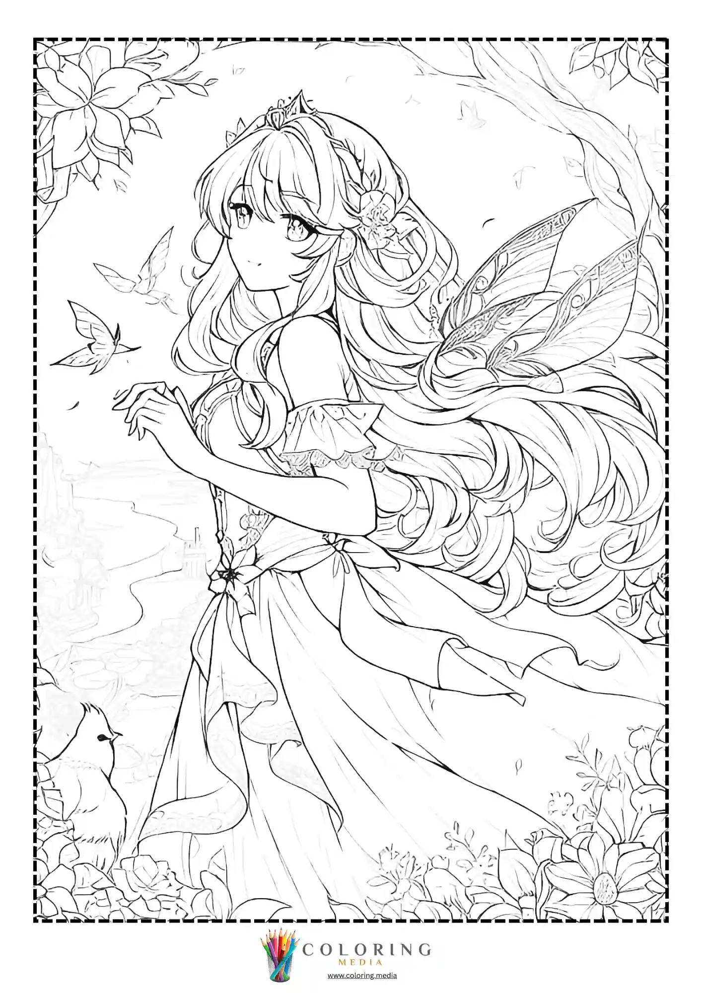 Fairy princess with butterfly wings and garden birds