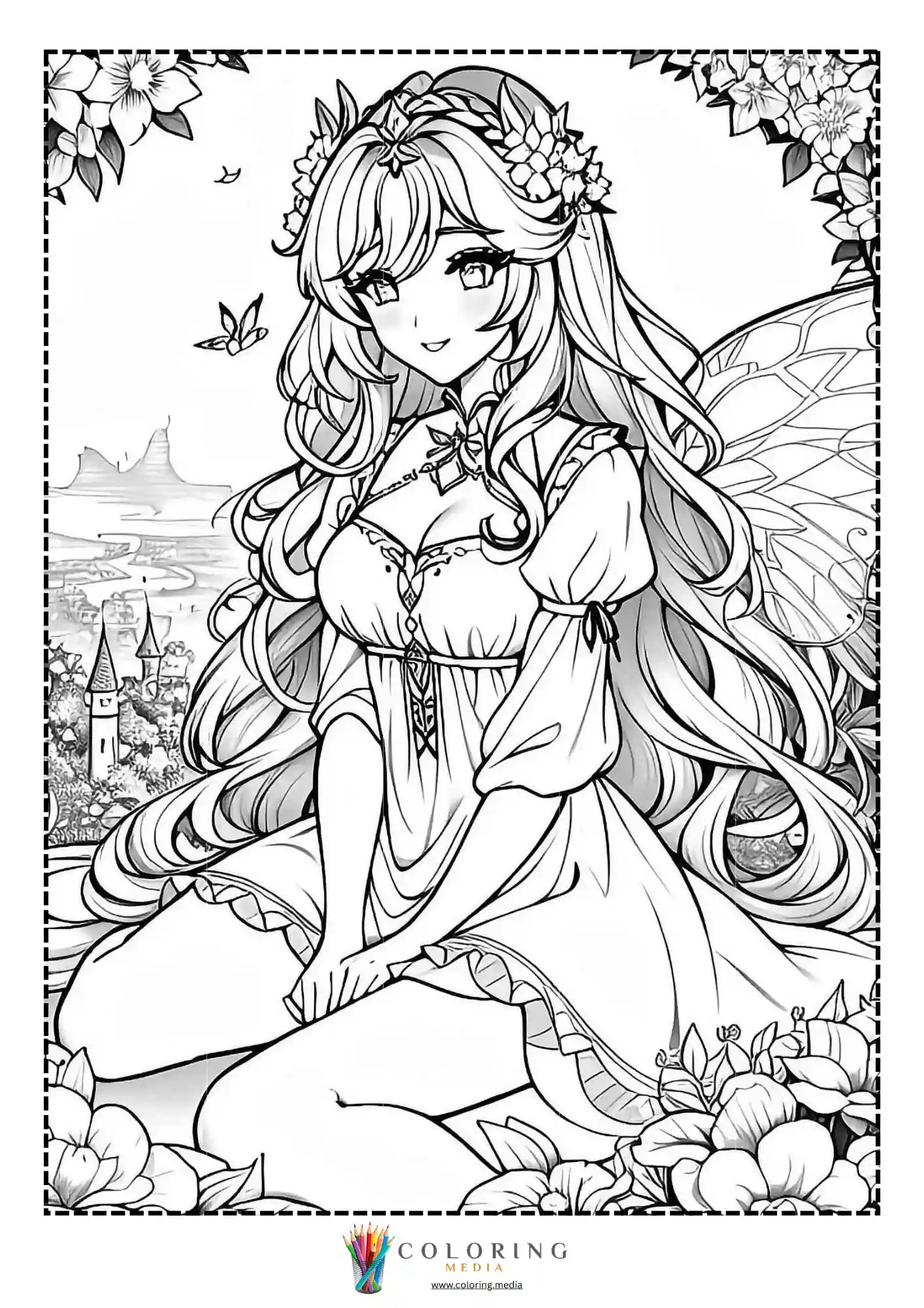 Seated fairy princess with vine border