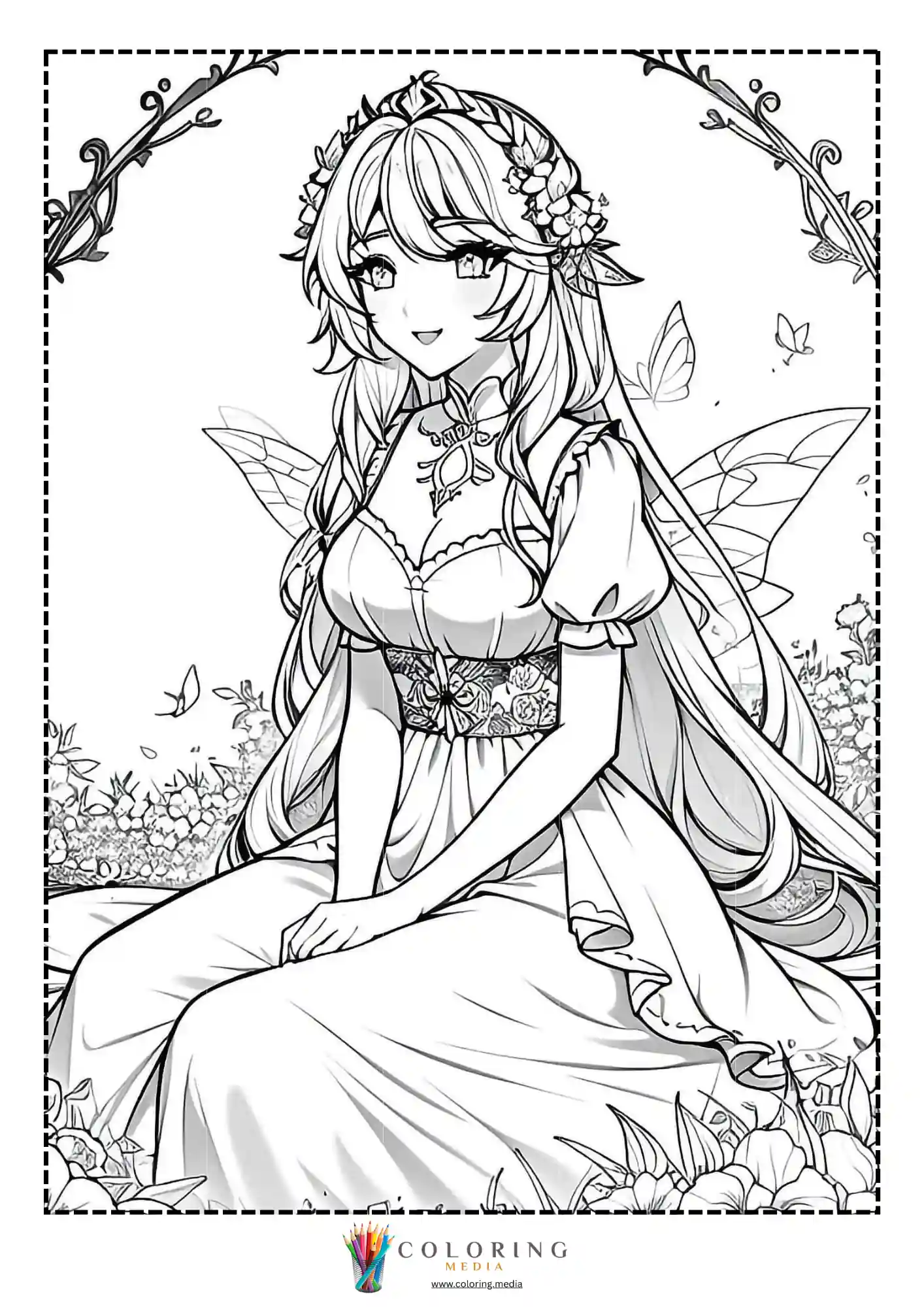 Fairy princess sitting among garden flowers