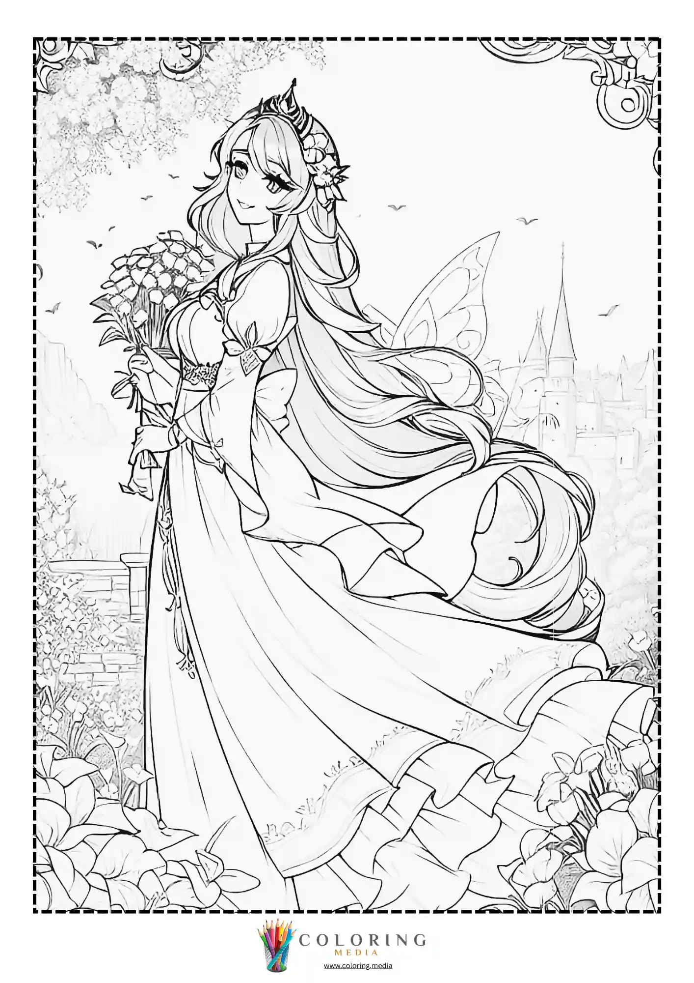 Fairy princess holding bouquet near castle