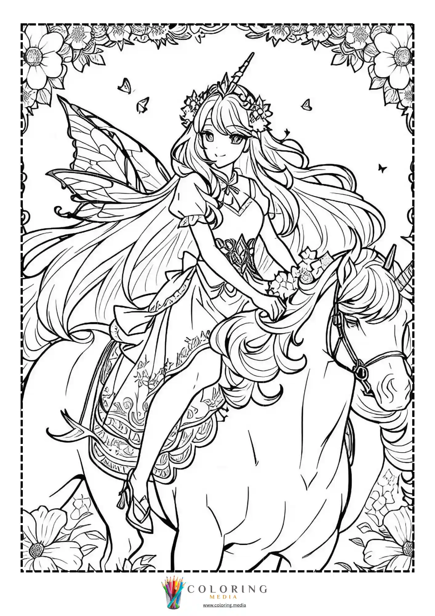 Fairy princess riding unicorn through flowers