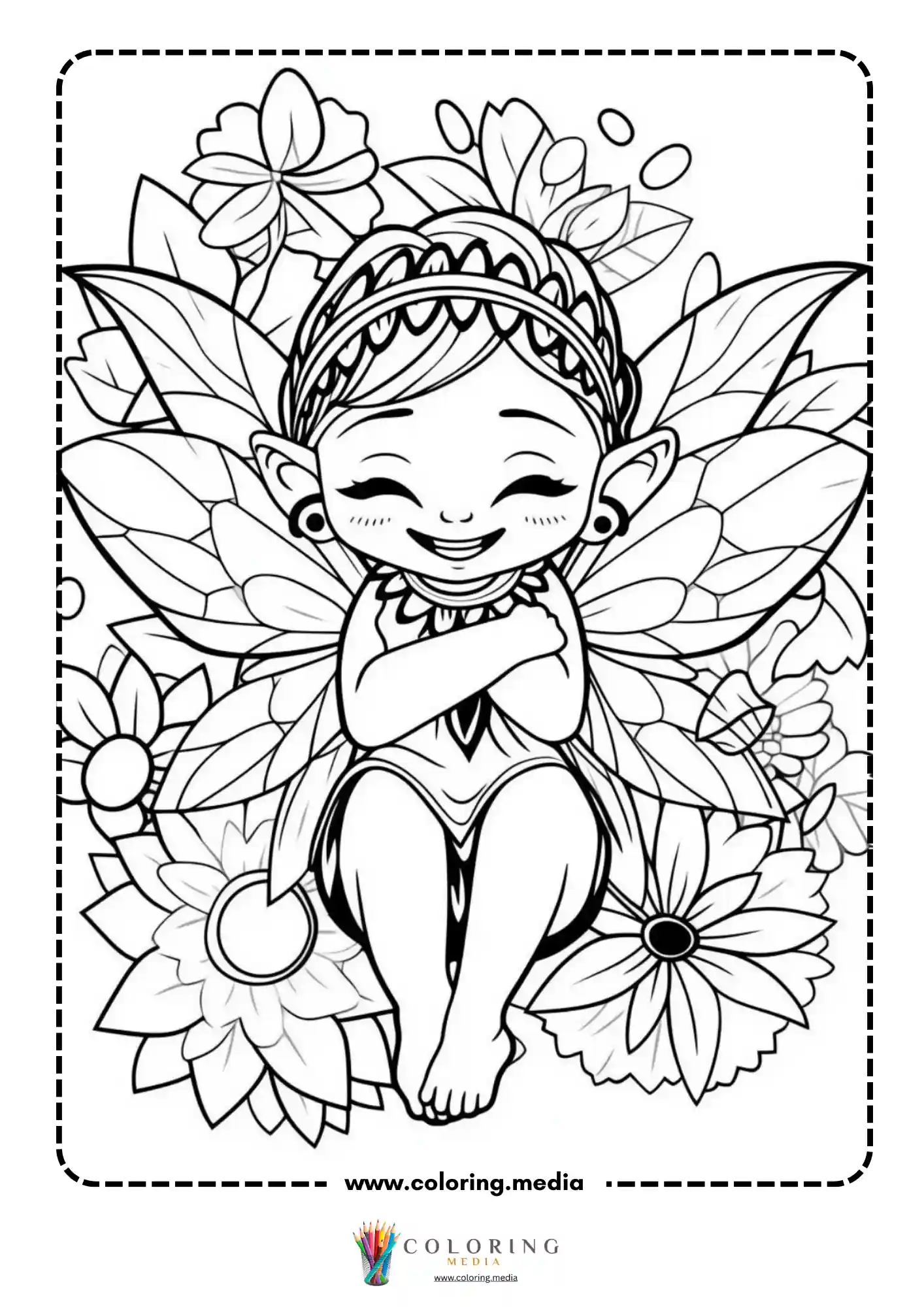 Smiling kawaii fairy sitting among flowers