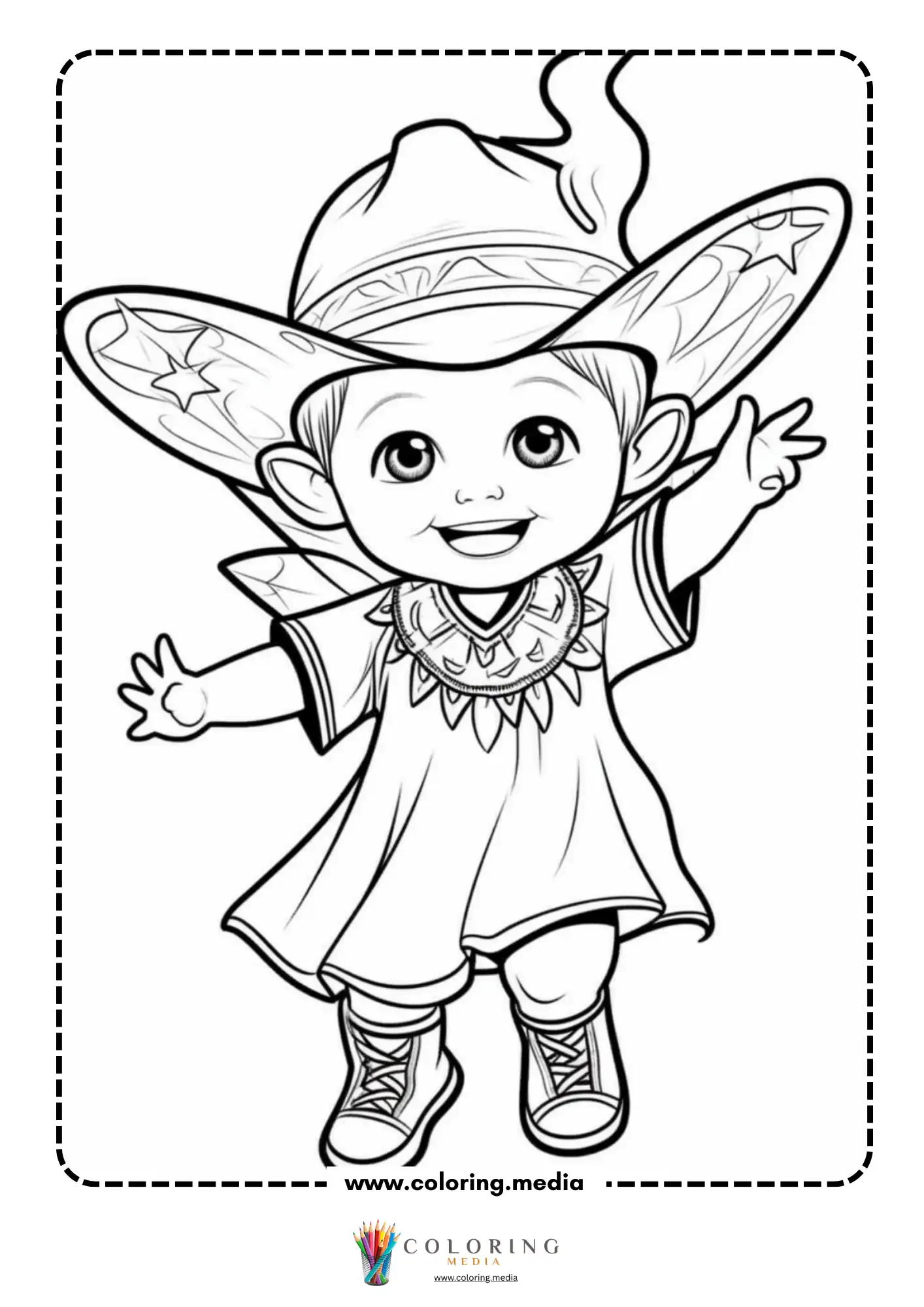 Kawaii fairy waving in wide hat