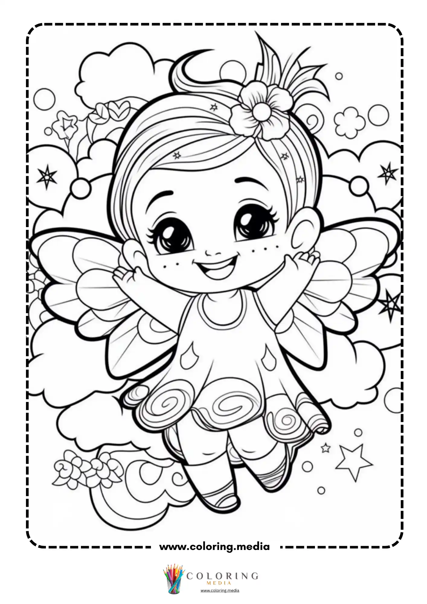 Kawaii fairy floating above clouds