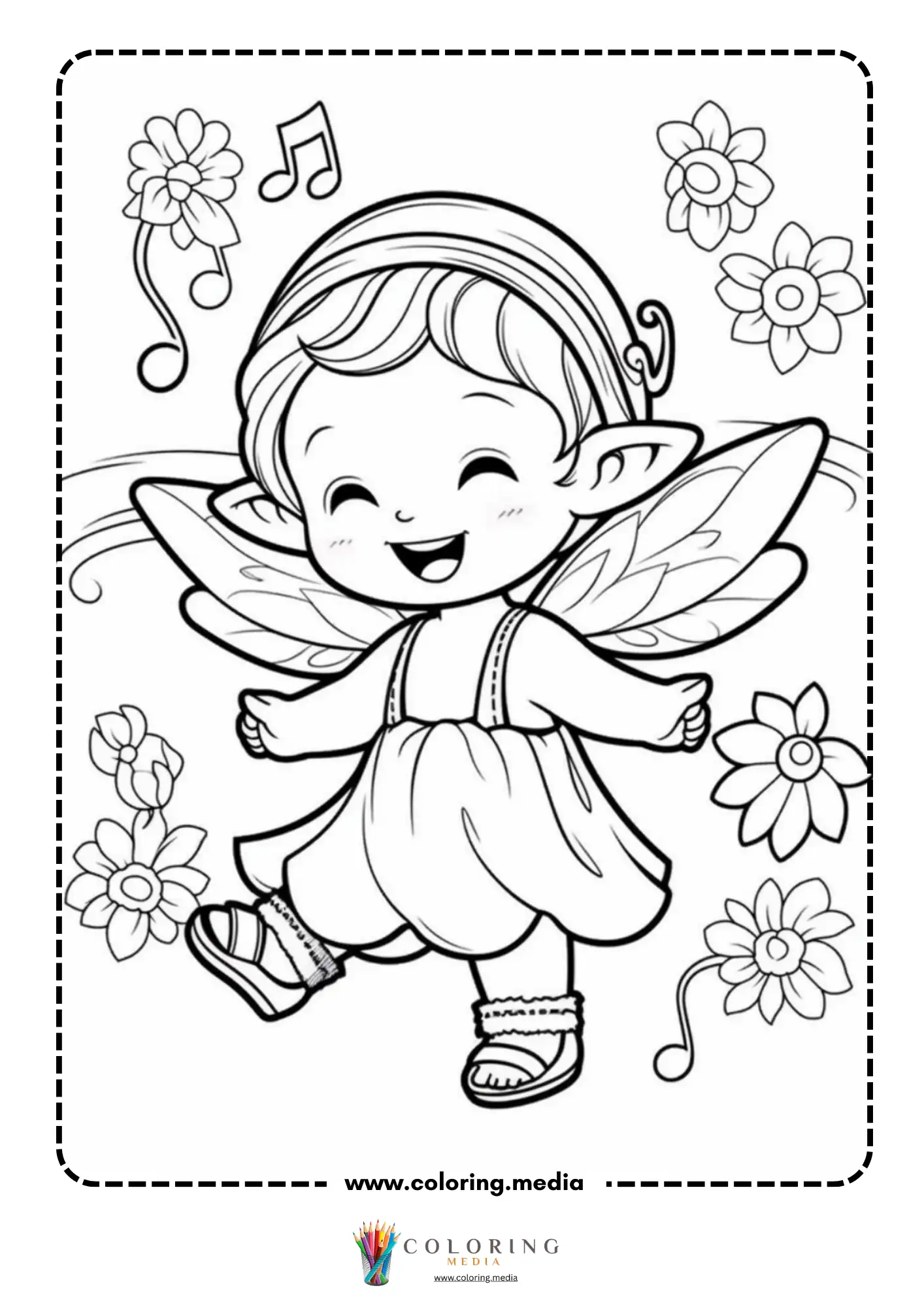 Dancing kawaii fairy surrounded by flowers