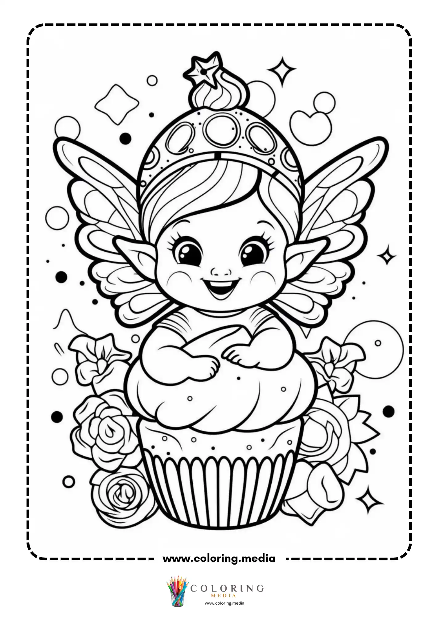 Cupcake fairy sitting among flowers