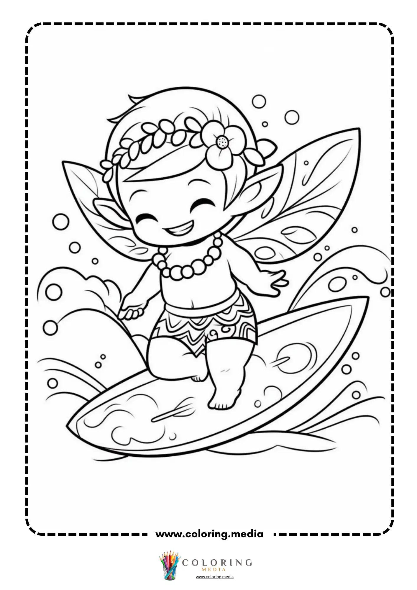 Kawaii fairy surfing on ocean waves