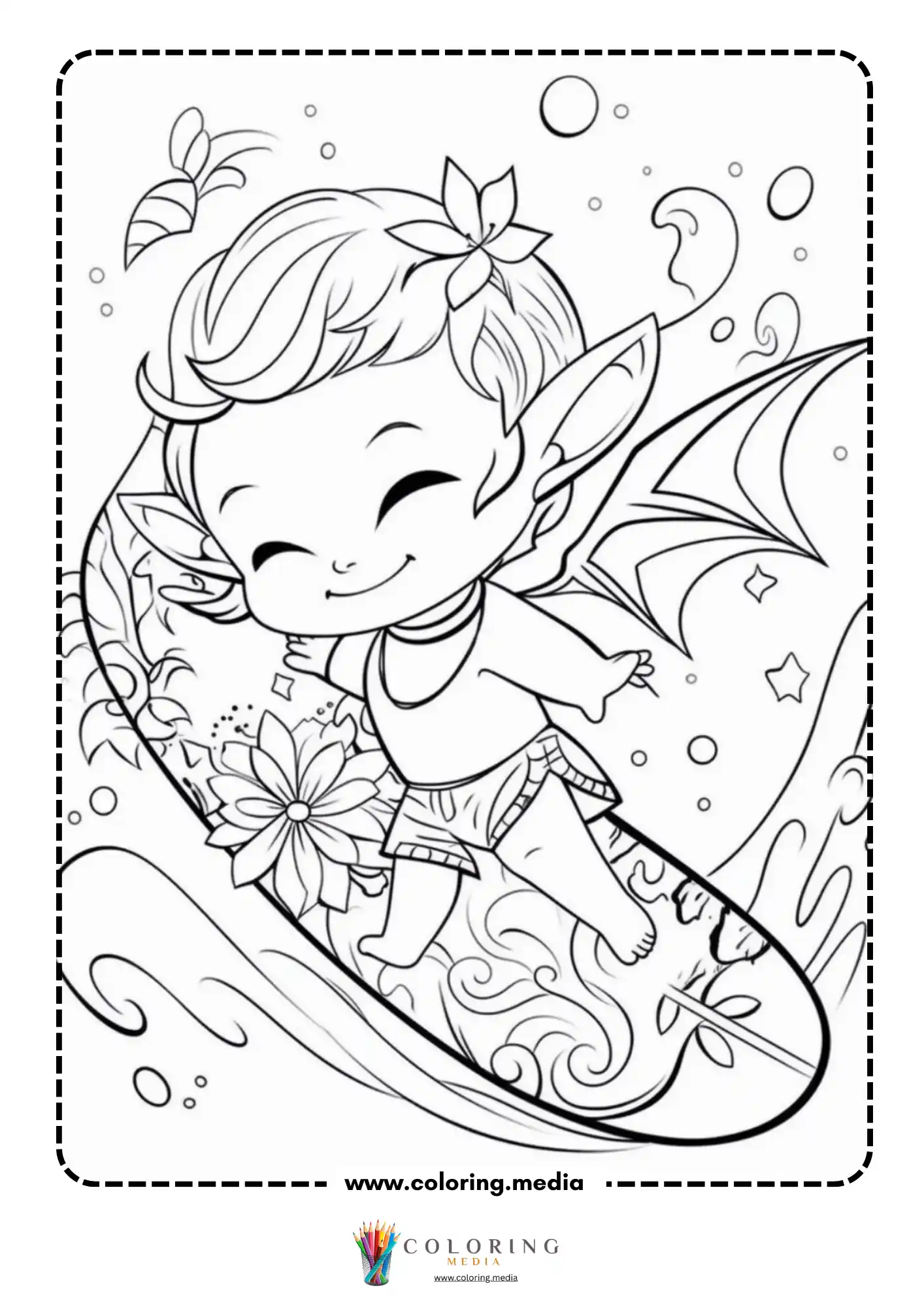 Happy fairy surfing with flower board