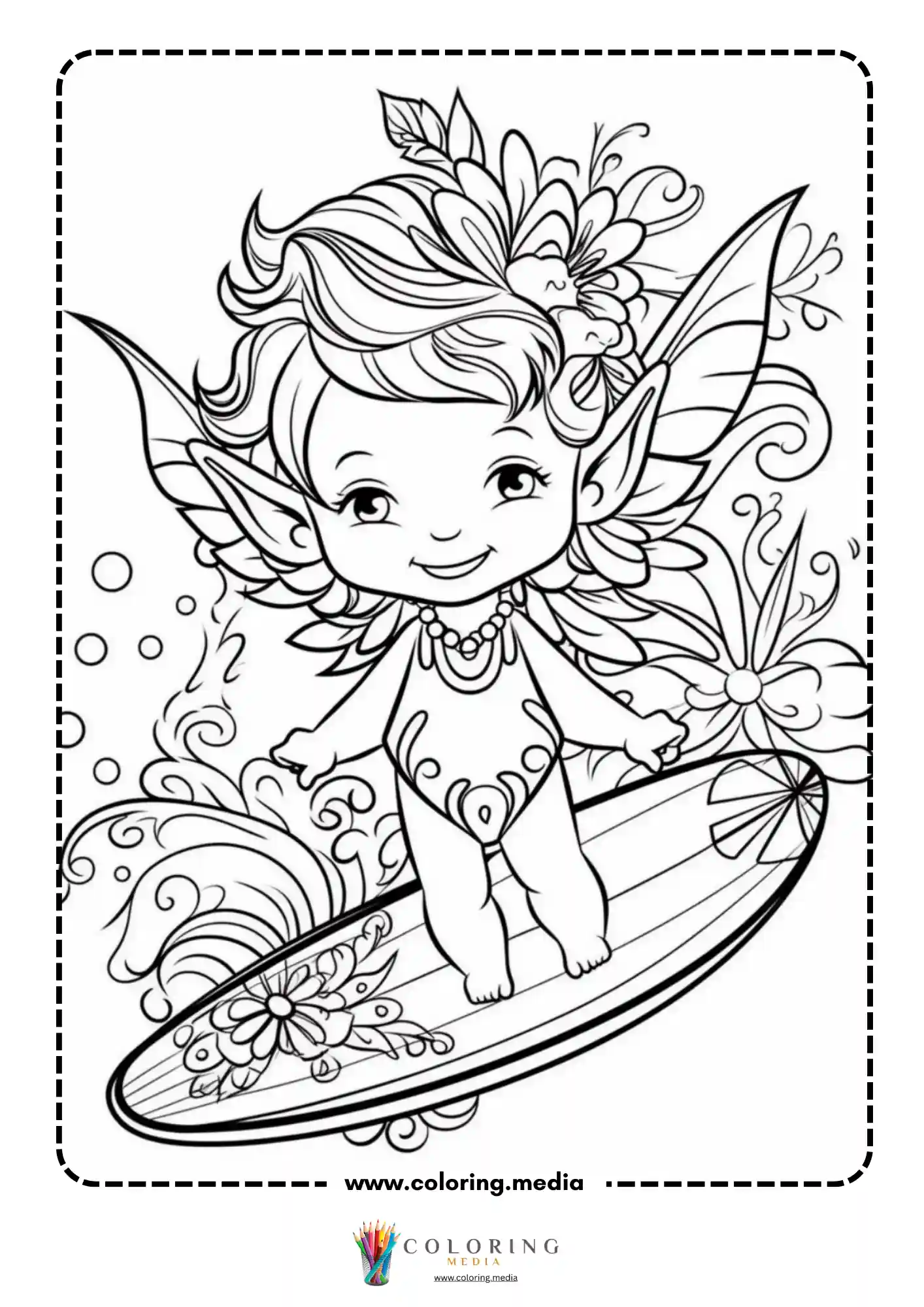 Kawaii fairy riding decorated surfboard