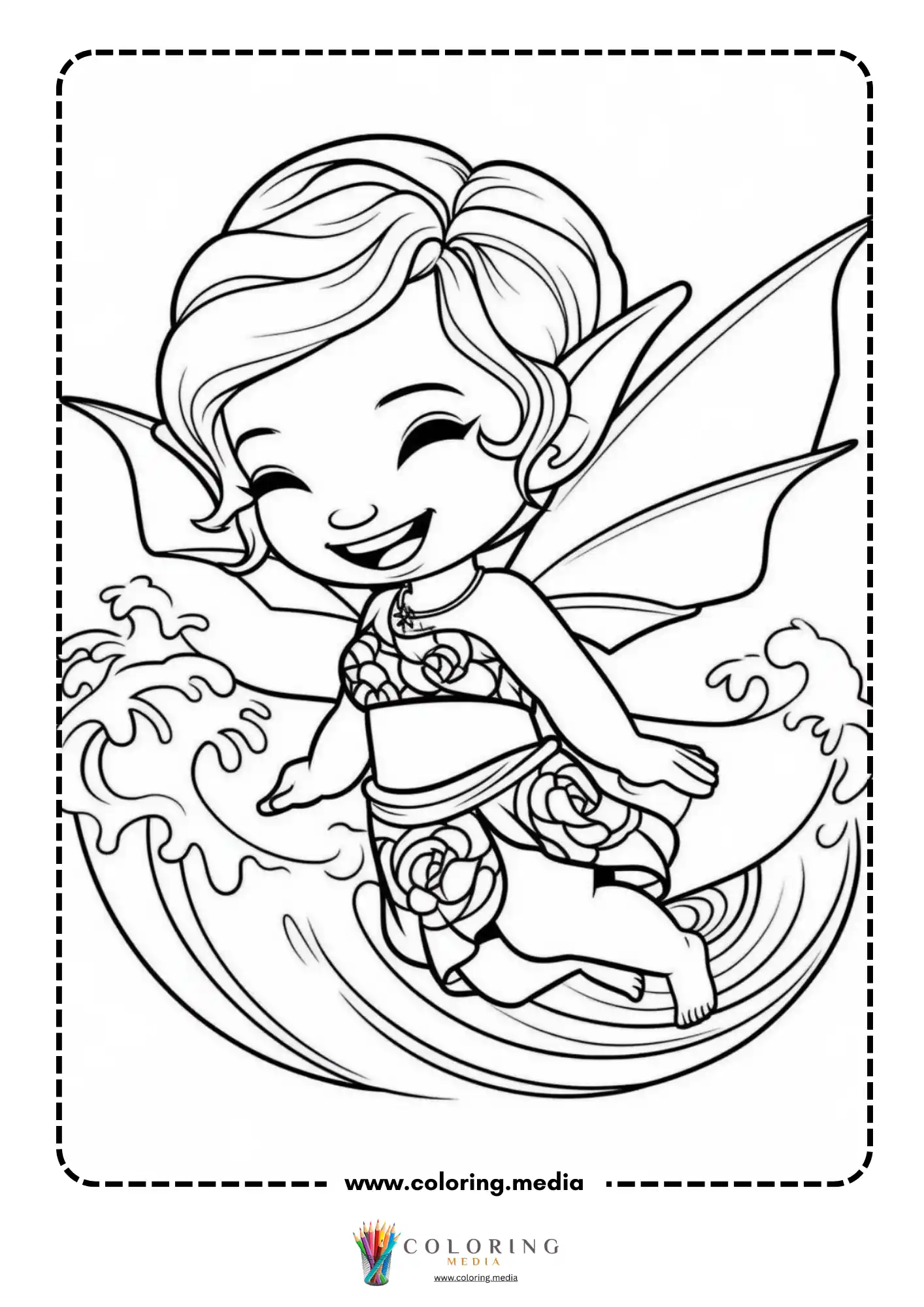 Laughing fairy gliding over ocean waves