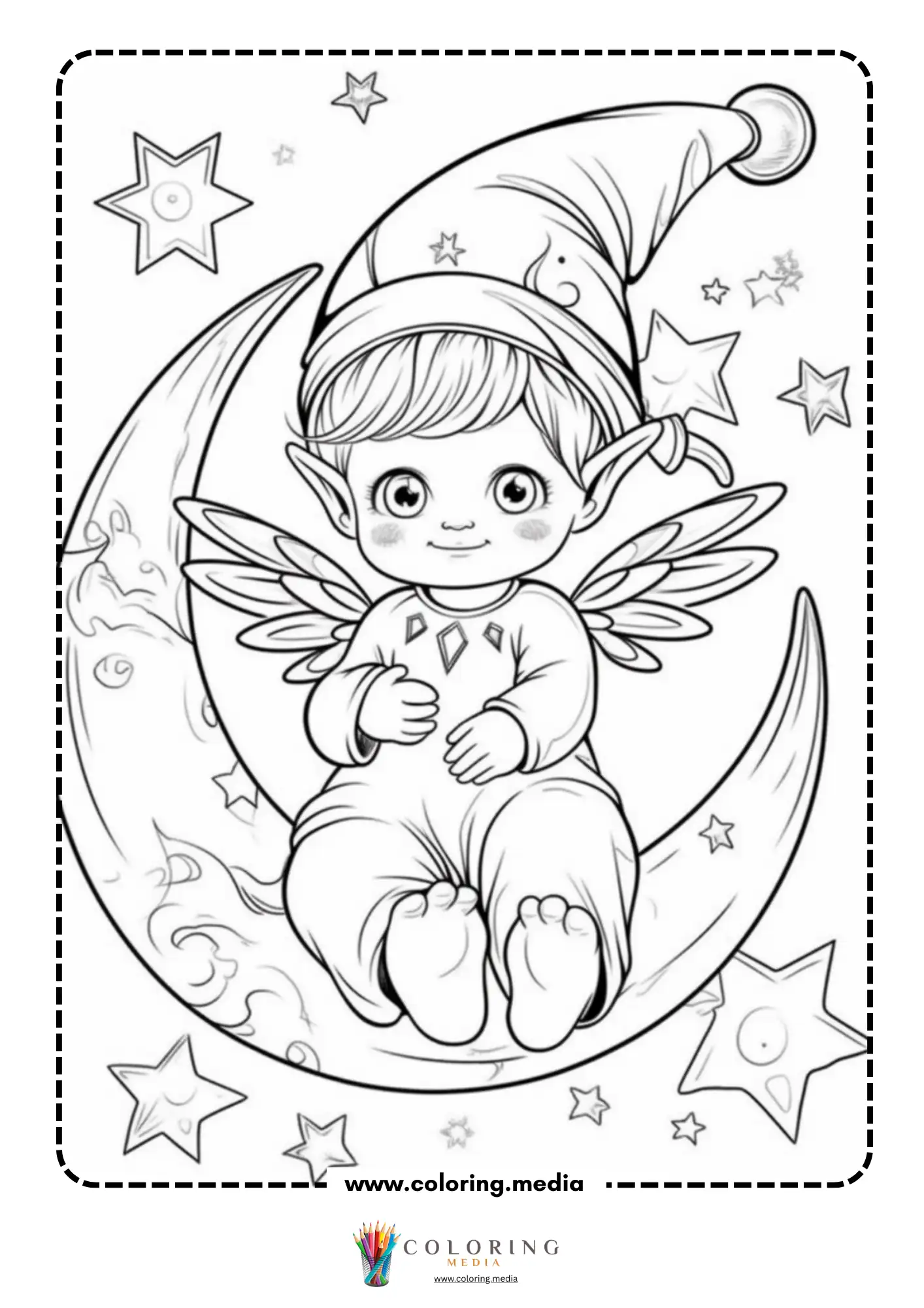 Kawaii fairy resting on starry moon