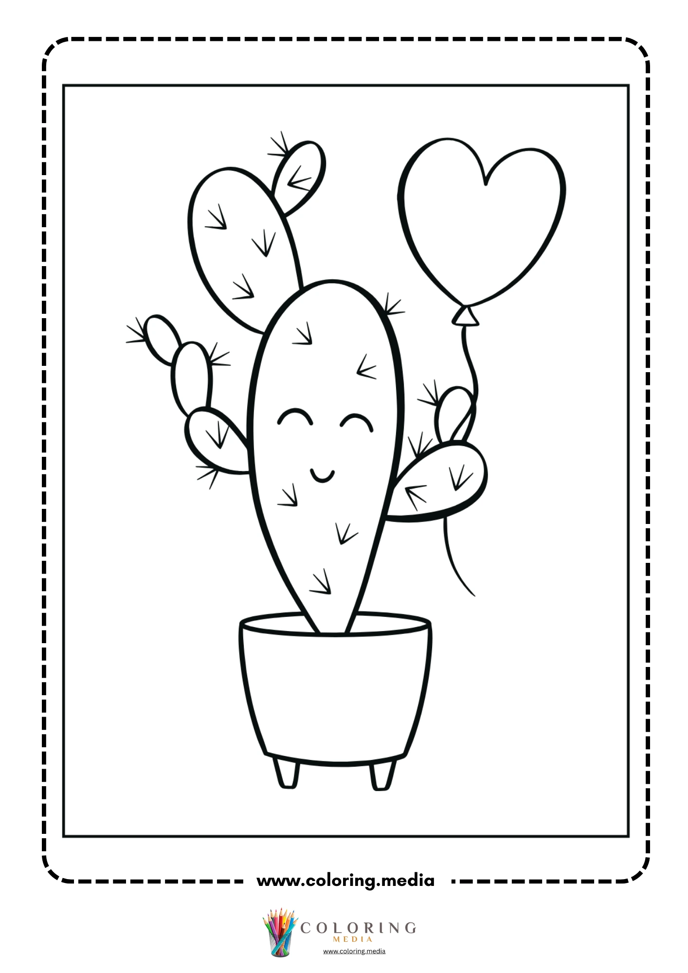 Smiling potted cactus with heart balloon