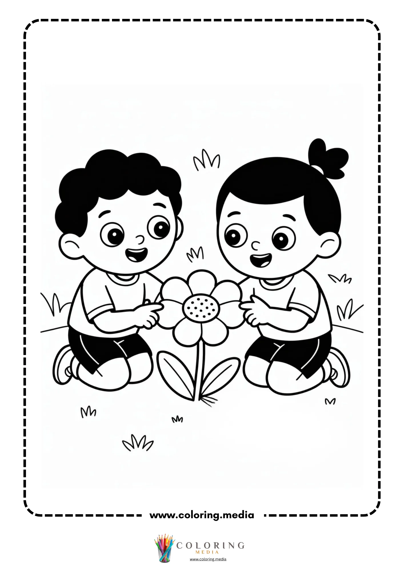 Children holding a small flower