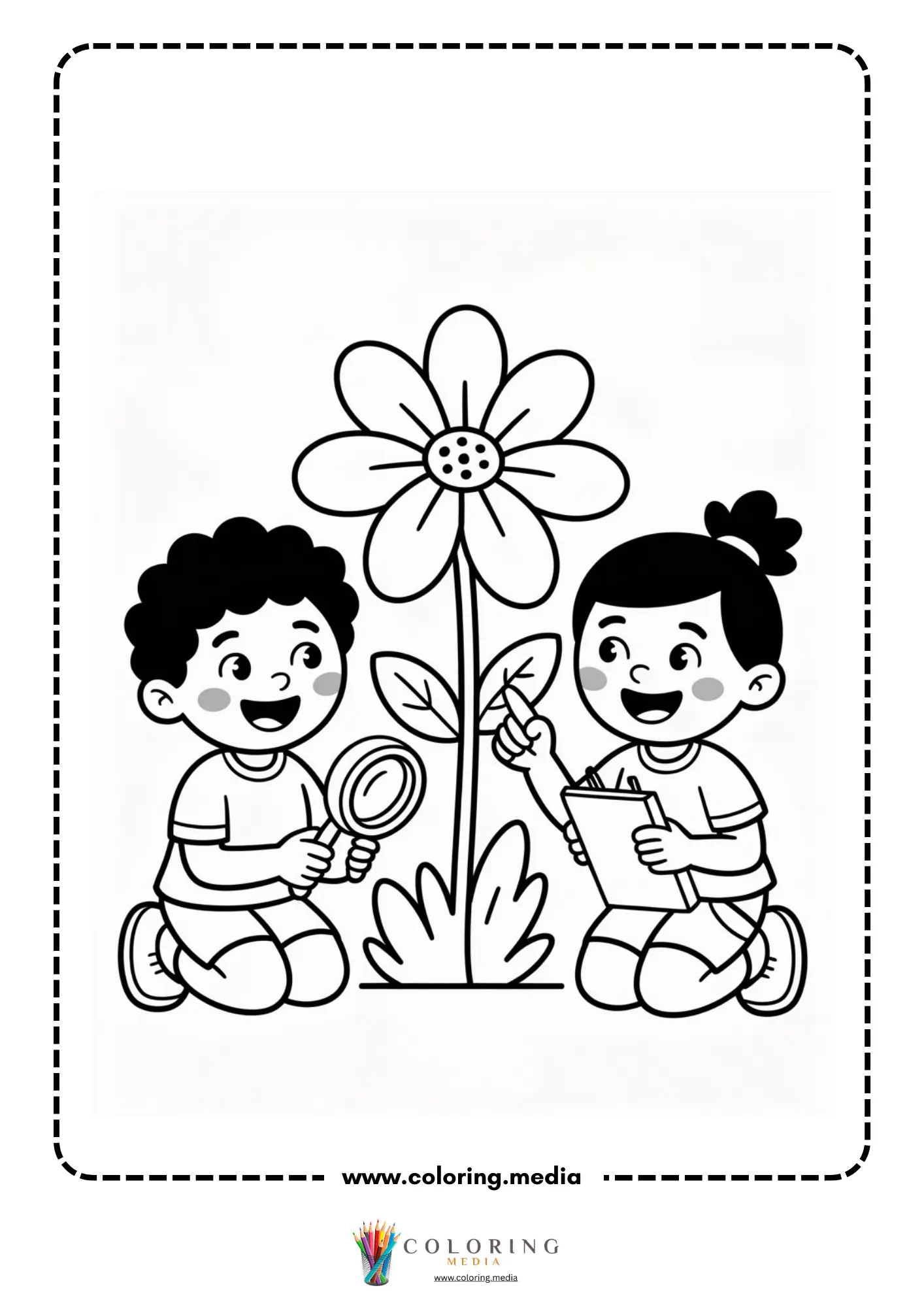 Children studying flower with magnifier