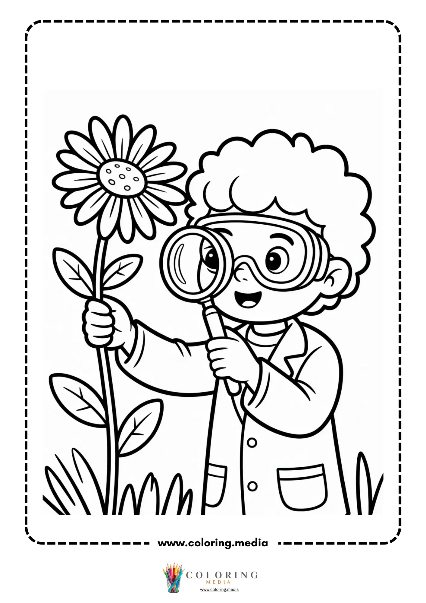 Boy inspecting flower with magnifier