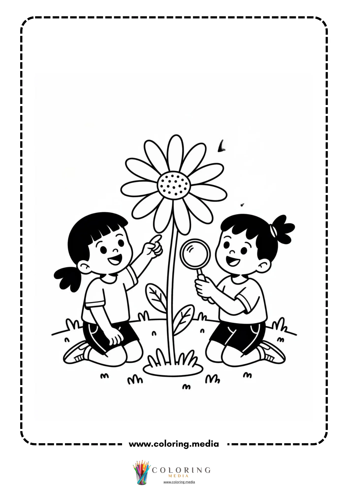 Children examining tall flower plant