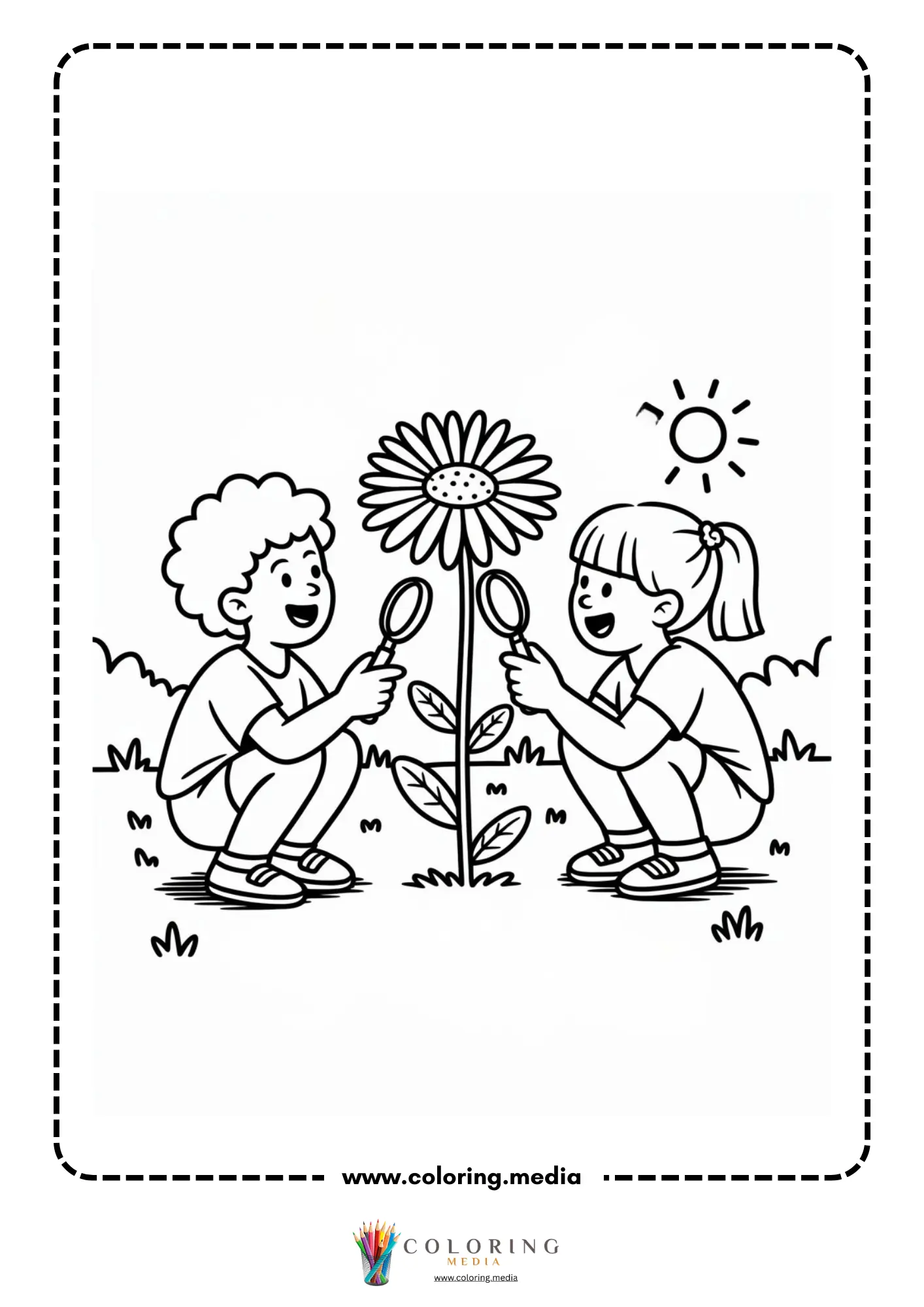 Children observing flower with magnifiers