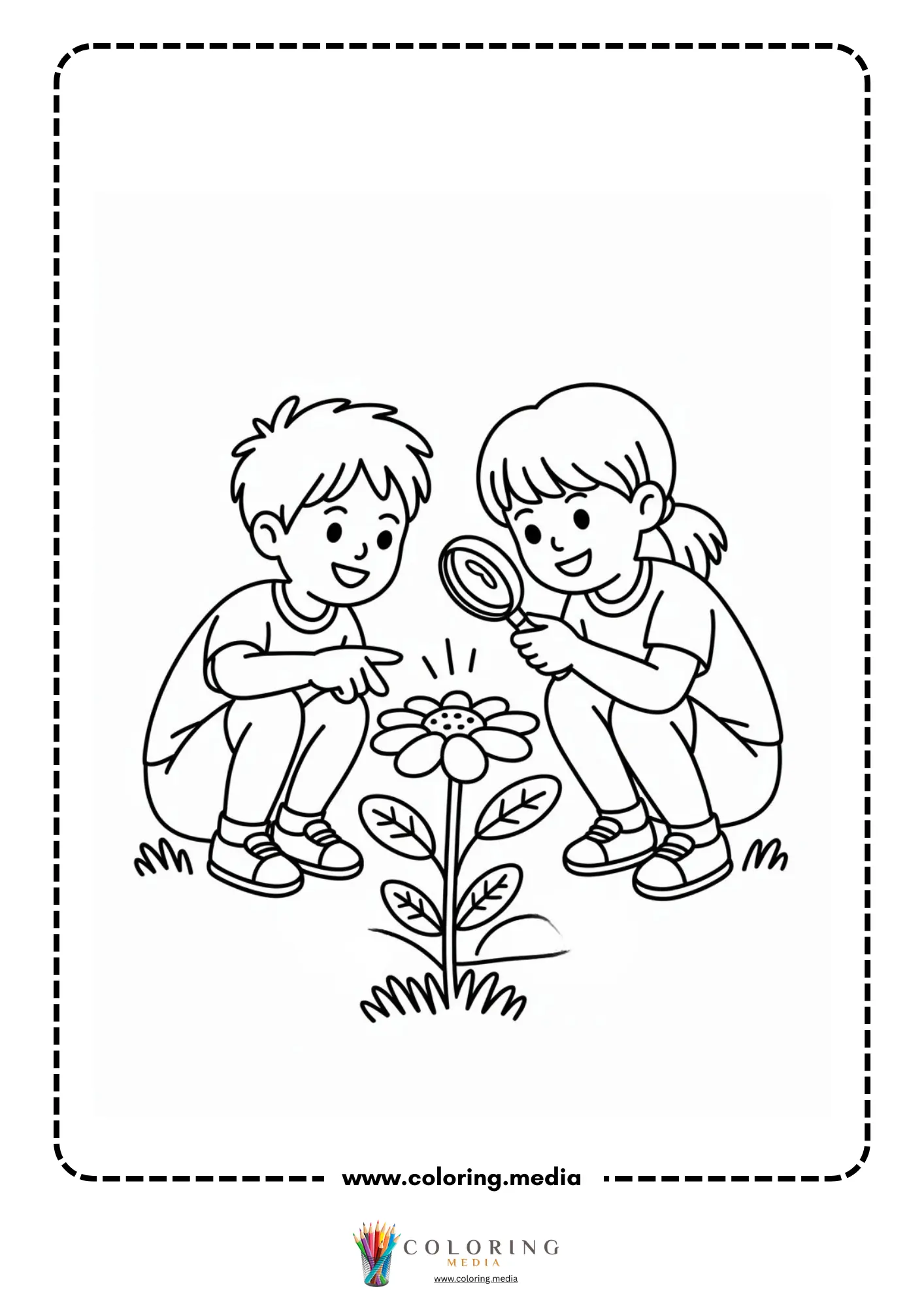 Children crouching beside flower plant
