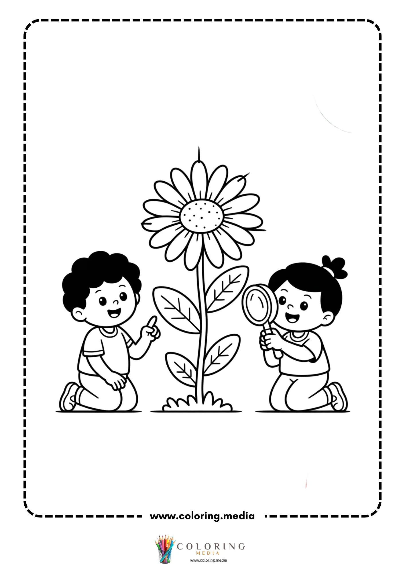 Children kneeling by tall flower